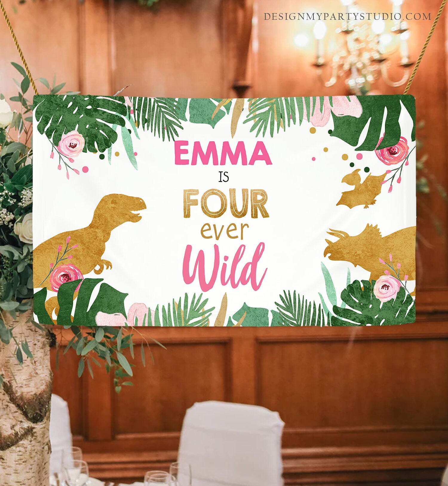 Editable Four Ever Wild Dinosaur Birthday Backdrop Banner Girl Pink Dino Party Welcome Sign Fourth 4th Corjl Template Printable 0146