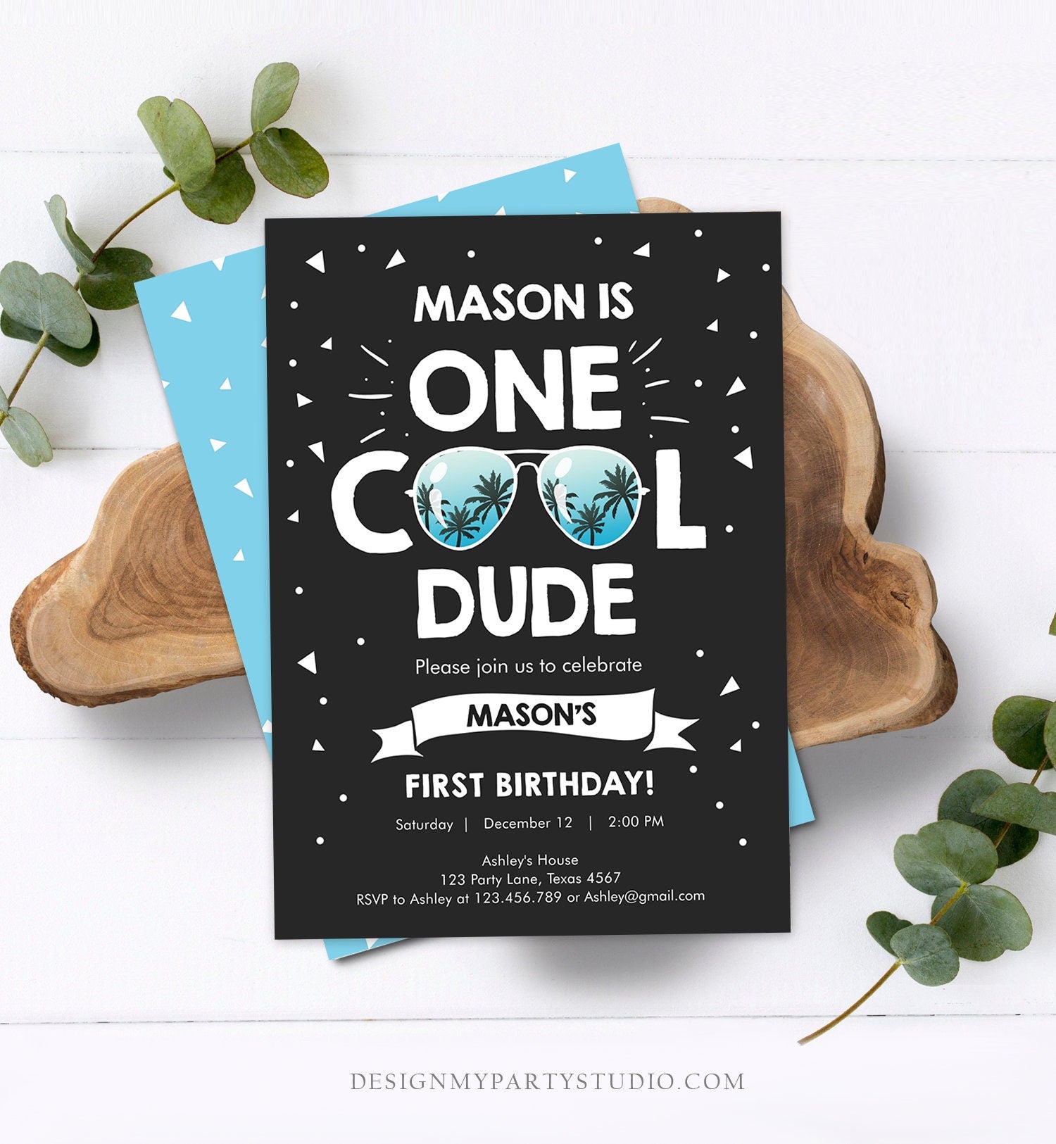 Editable One Cool Dude 1st Birthday Invitation Boy First Birthday Party Sunglasses Pilot Pool Cool One Palm Printable Corjl Template 0136