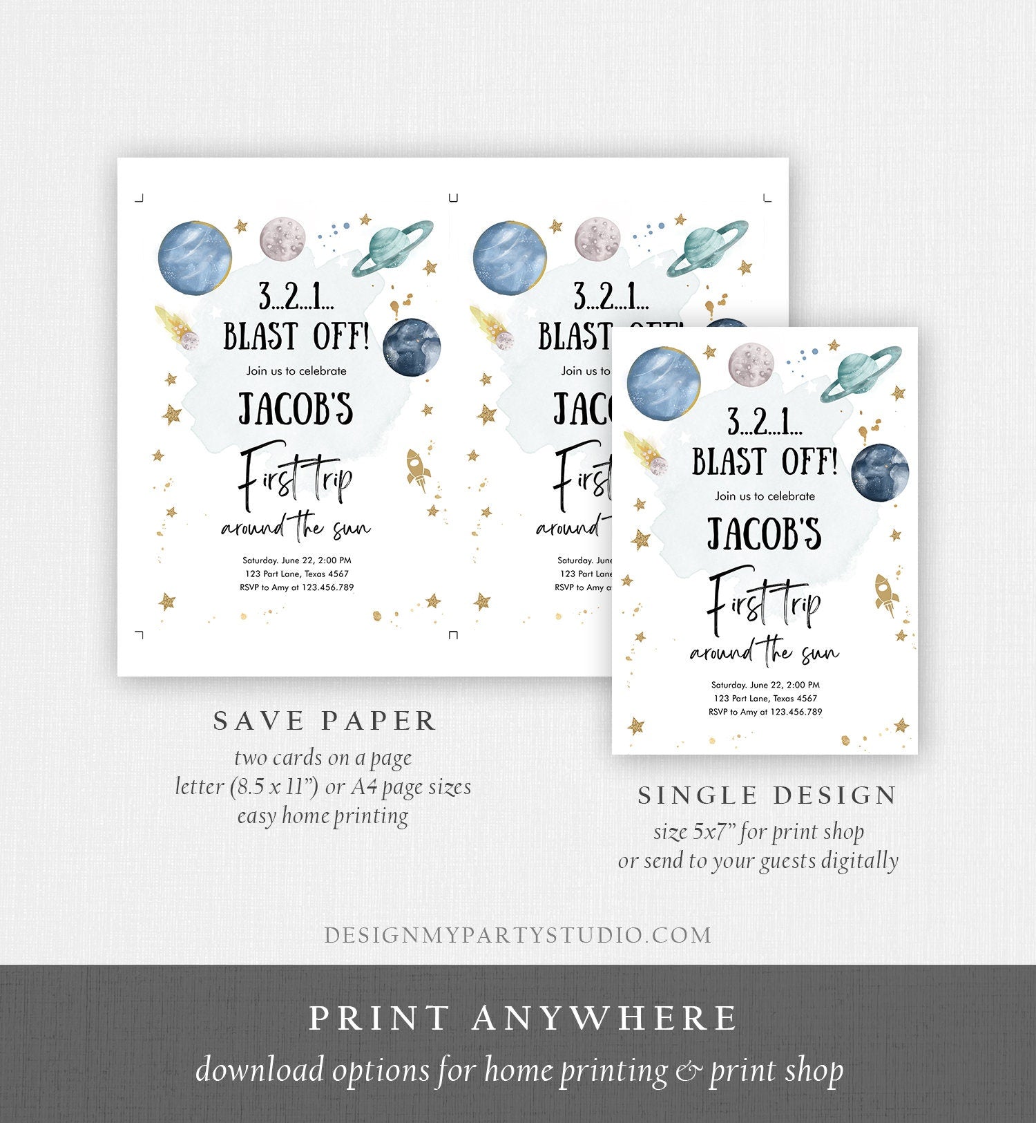 Editable Outer Space First Birthday Invitation Galaxy Blast Off First Trip Around the Sun Download Printable Template Digital Corjl 0357