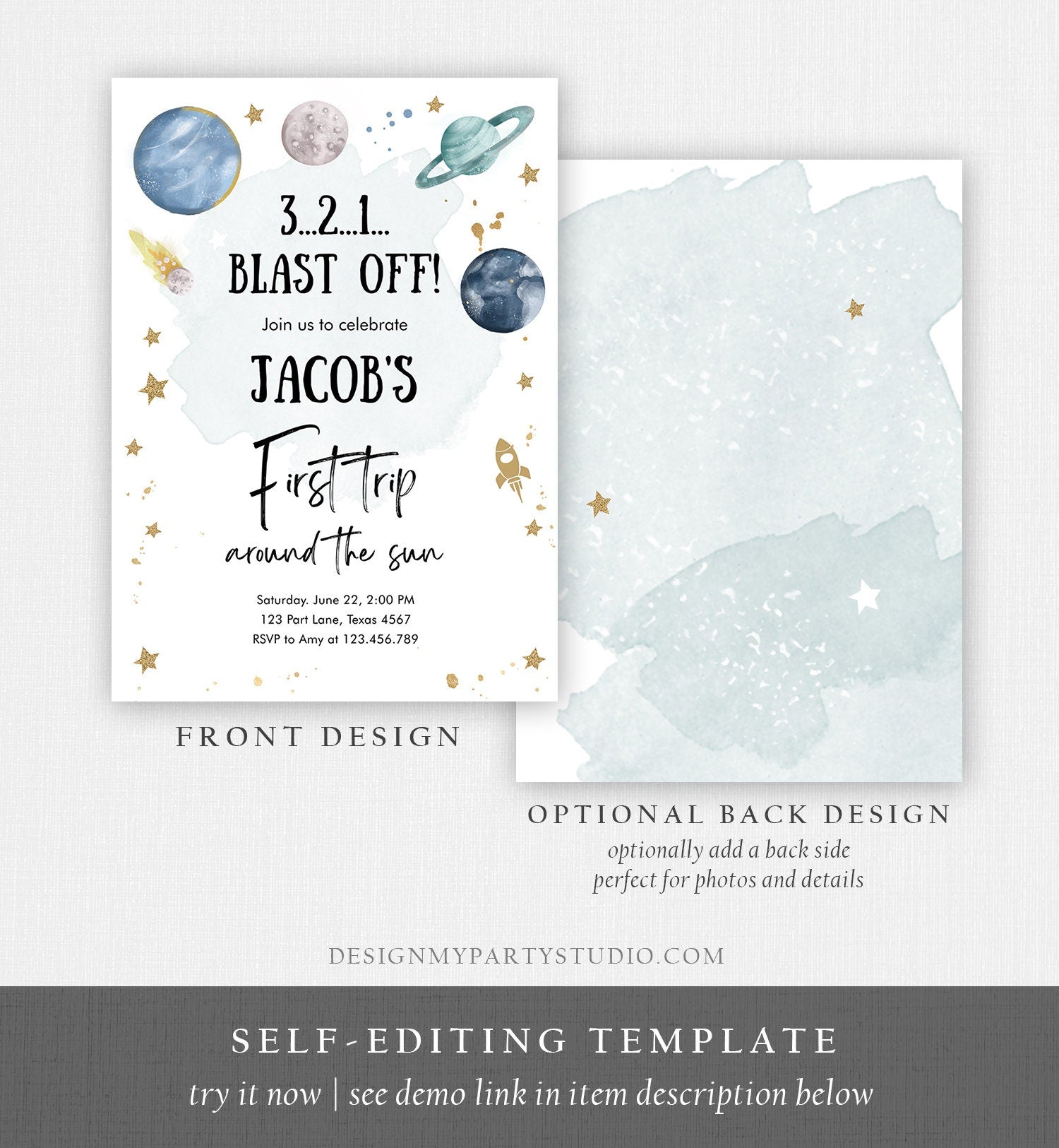 Editable Outer Space First Birthday Invitation Galaxy Blast Off First Trip Around the Sun Download Printable Template Digital Corjl 0357