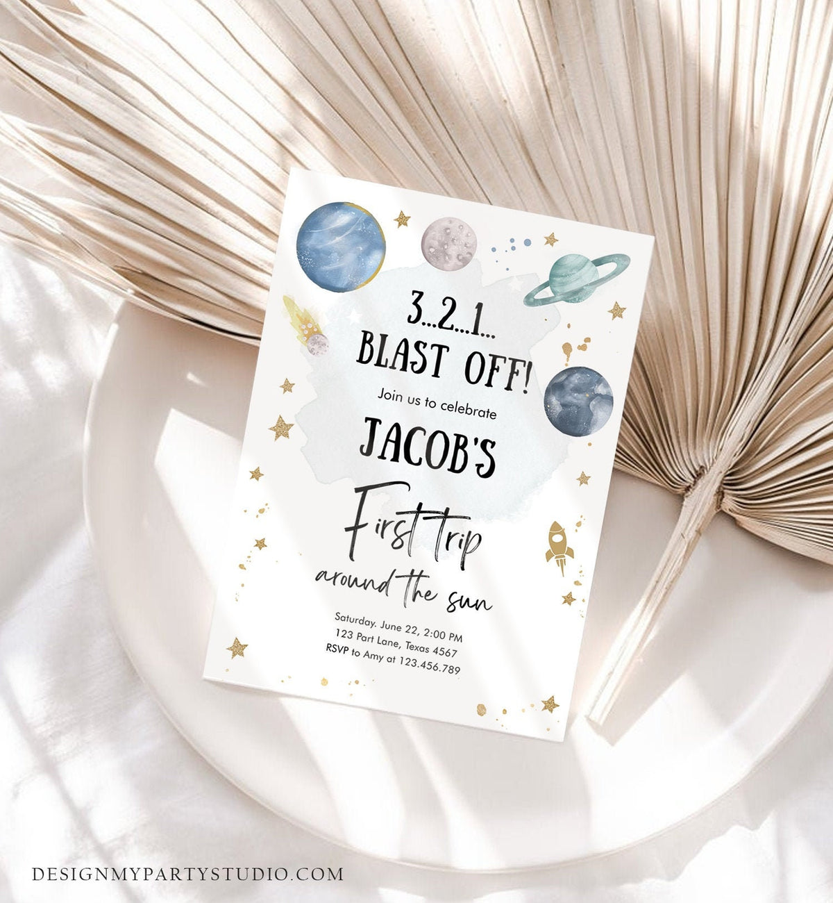 Editable Outer Space First Birthday Invitation Galaxy Blast Off First Trip Around the Sun Download Printable Template Digital Corjl 0357