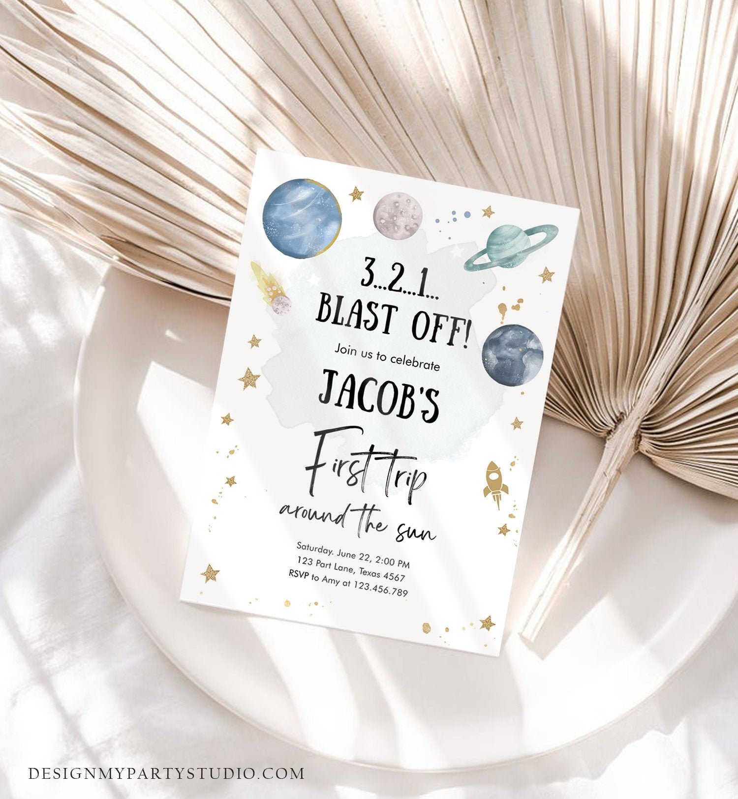 Editable Outer Space First Birthday Invitation Galaxy Blast Off First Trip Around the Sun Download Printable Template Digital Corjl 0357