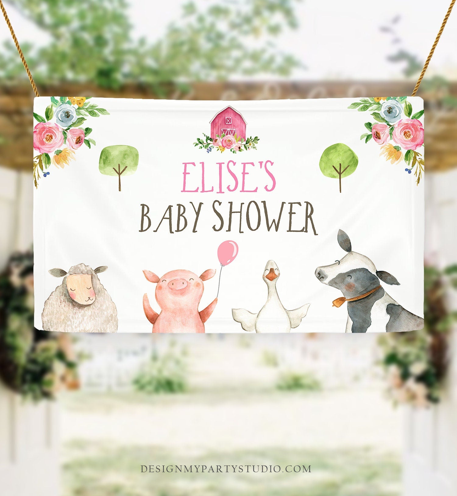 Editable Farm Backdrop Banner Pink Farm Baby Shower Girl Farm Animals Barnyard Birthday Decorations Download Corjl Template Printable 0155