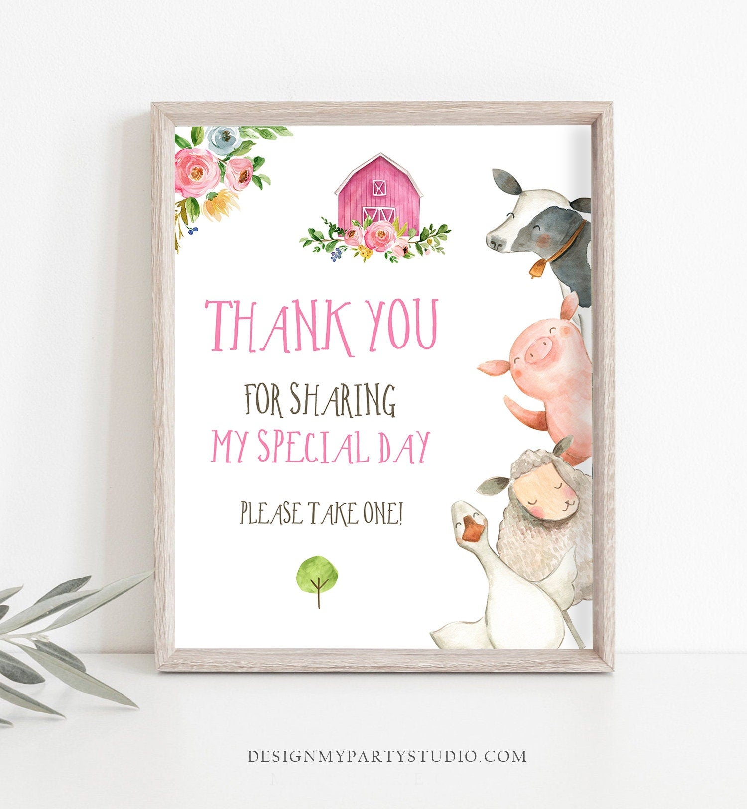 Editable Pink Farm Baby Shower Thank You Sign Girl Barnyard Birthday Favor Sign Farm Animals Favor Table Template Corjl PRINTABLE 0155