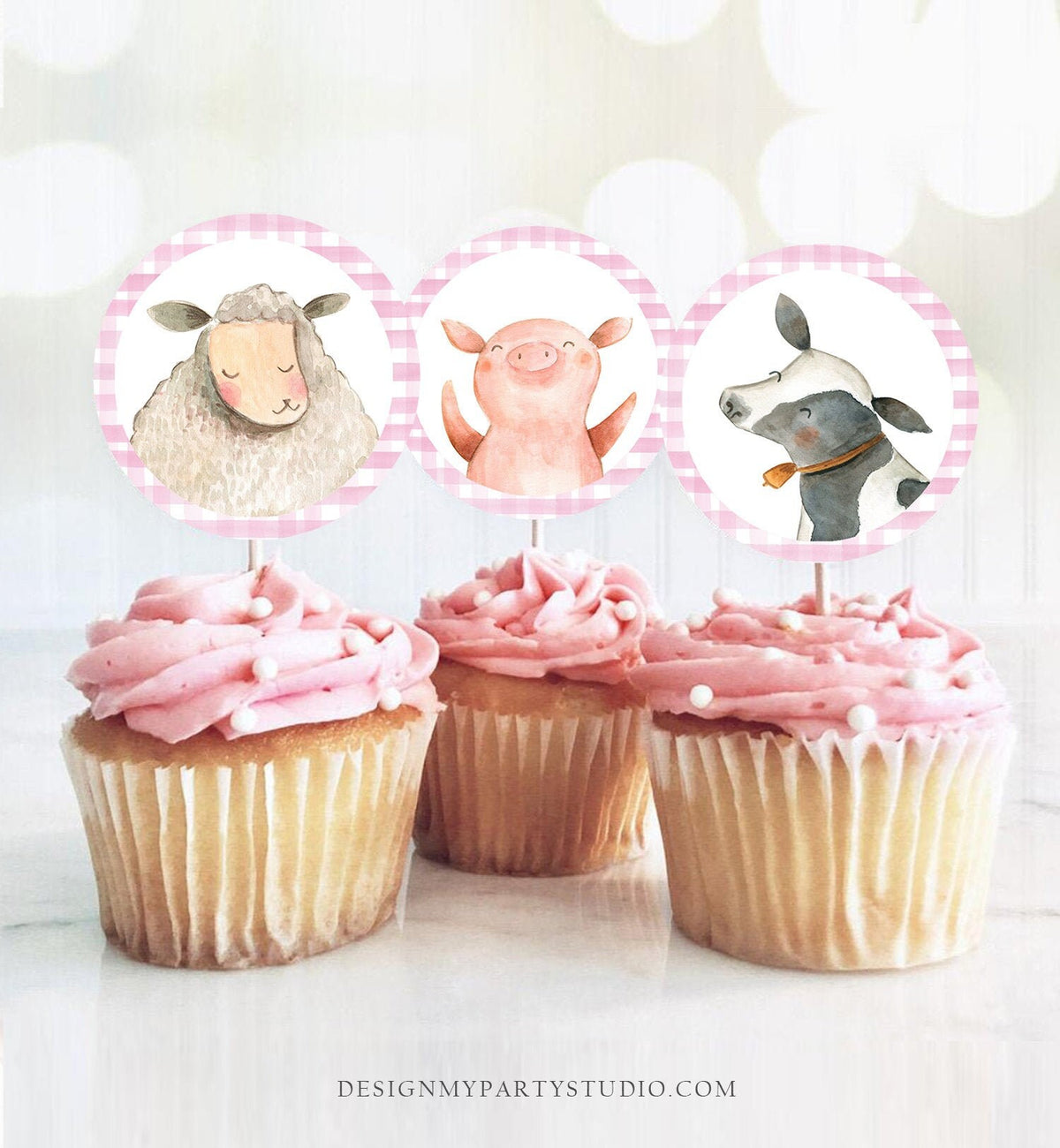 Farm Animals Cupcake Toppers Baby Shower Favor Tags Birthday Party Decoration Barnyard Girl Pink Stickers Digital Download Printable 0155