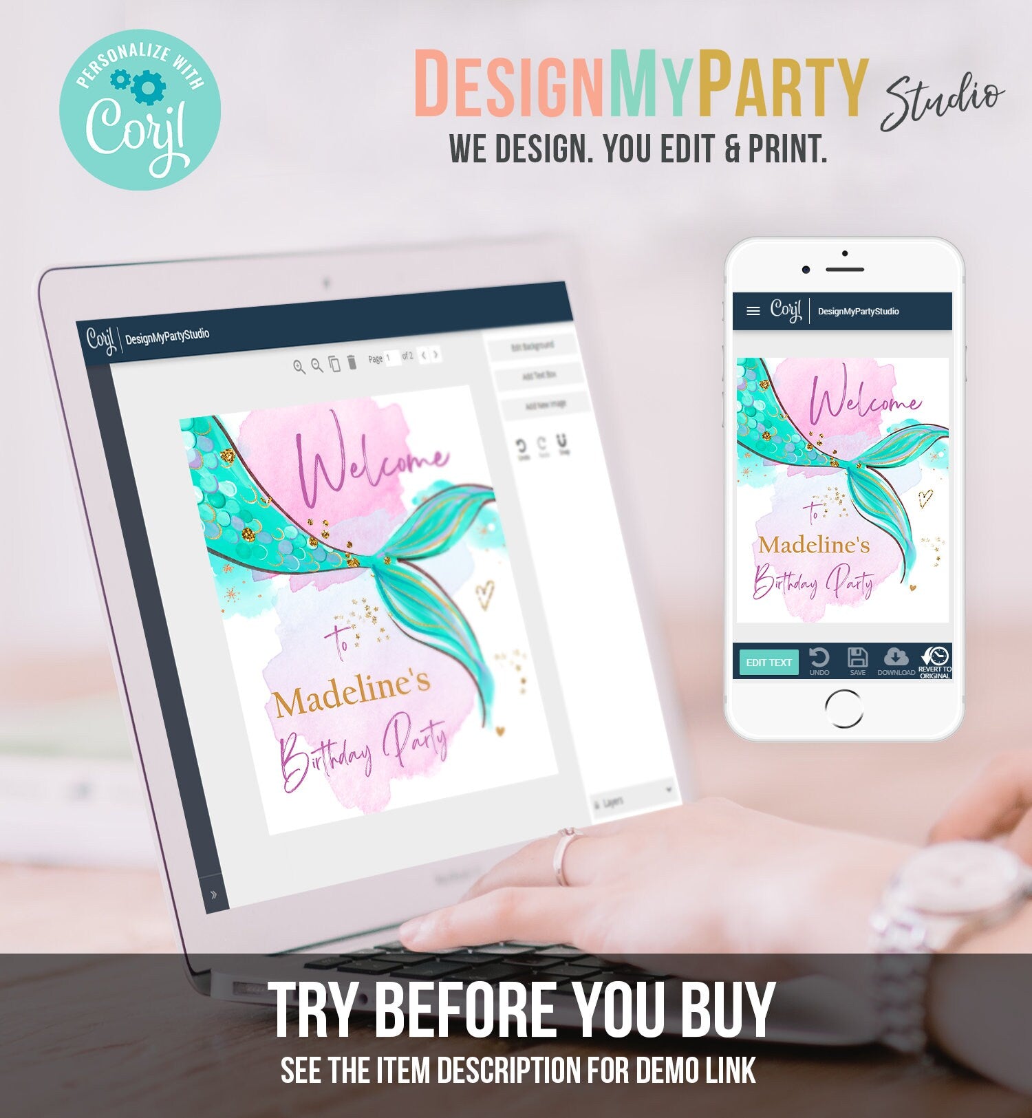 Editable Mermaid Welcome Sign Mermaid Birthday Sign Girl Mermaid Tail Birthday Decor Welcome Under The Sea Template Corjl PRINTABLE 0403