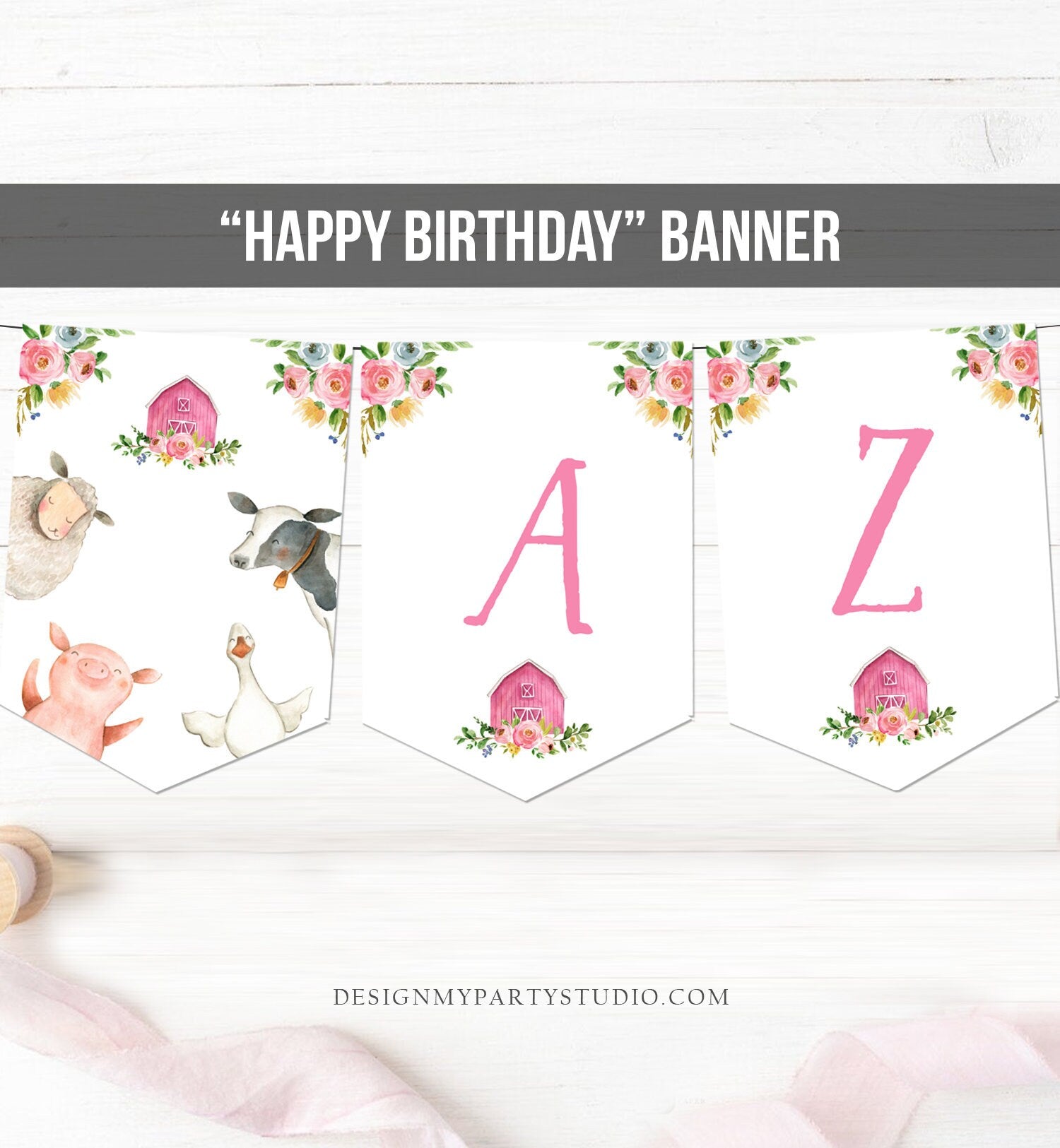 Farm Animals Birthday Banner A-Z Alphabet Numbers Banner Baby Shower Birthday Girl Pink Barnyard Country Barn Decor Download Printable 0155