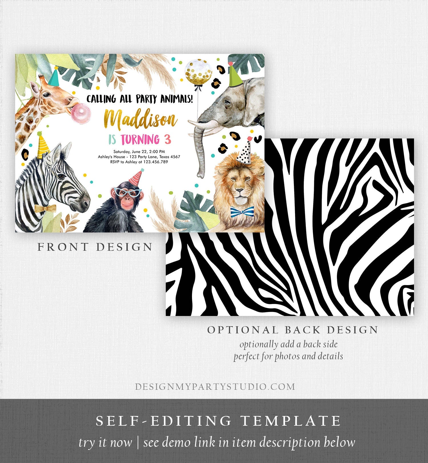 Editable Party Animals Birthday Invitation Wild One Animals Invitation Zoo Safari Animals Girl Download Printable Invite Template Corjl 0417