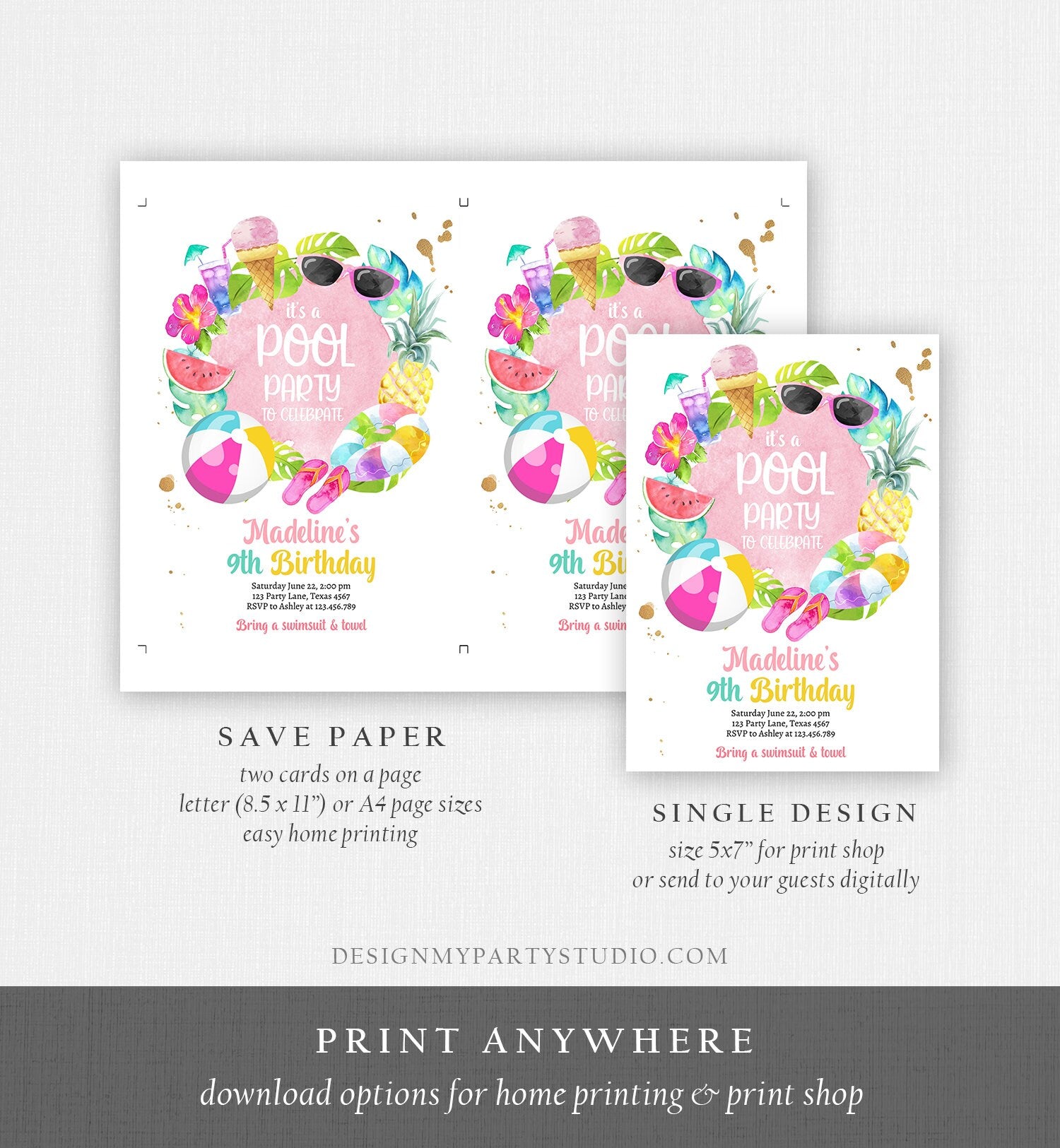 Editable Tropical Pool Party Birthday Invitation Splish Splash Birthday Bash Girl Pineapple Download Printable Invite Template Corjl 0414