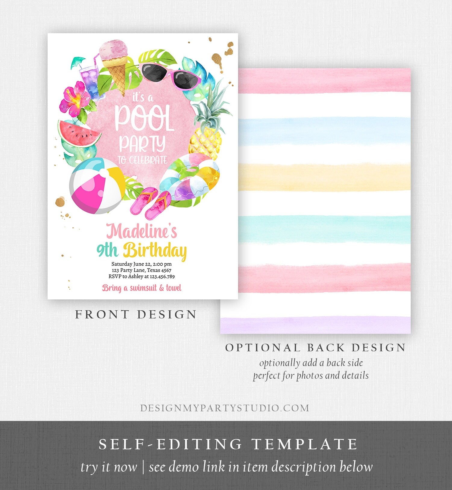 Editable Tropical Pool Party Birthday Invitation Splish Splash Birthday Bash Girl Pineapple Download Printable Invite Template Corjl 0414