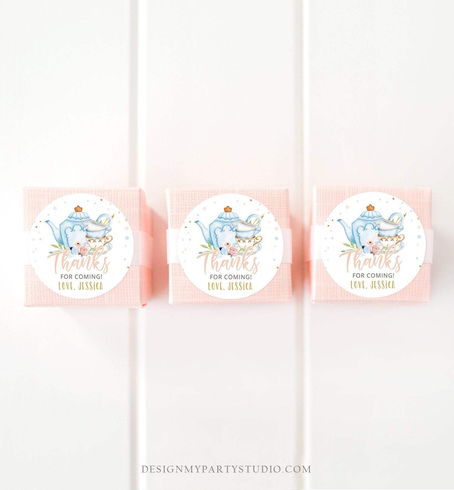 Editable Tea Party Favor Tag Sticker Baby Shower Baby is Brewing Floral Blue Whimsical Girl Square Round Digital Template Printable 0349