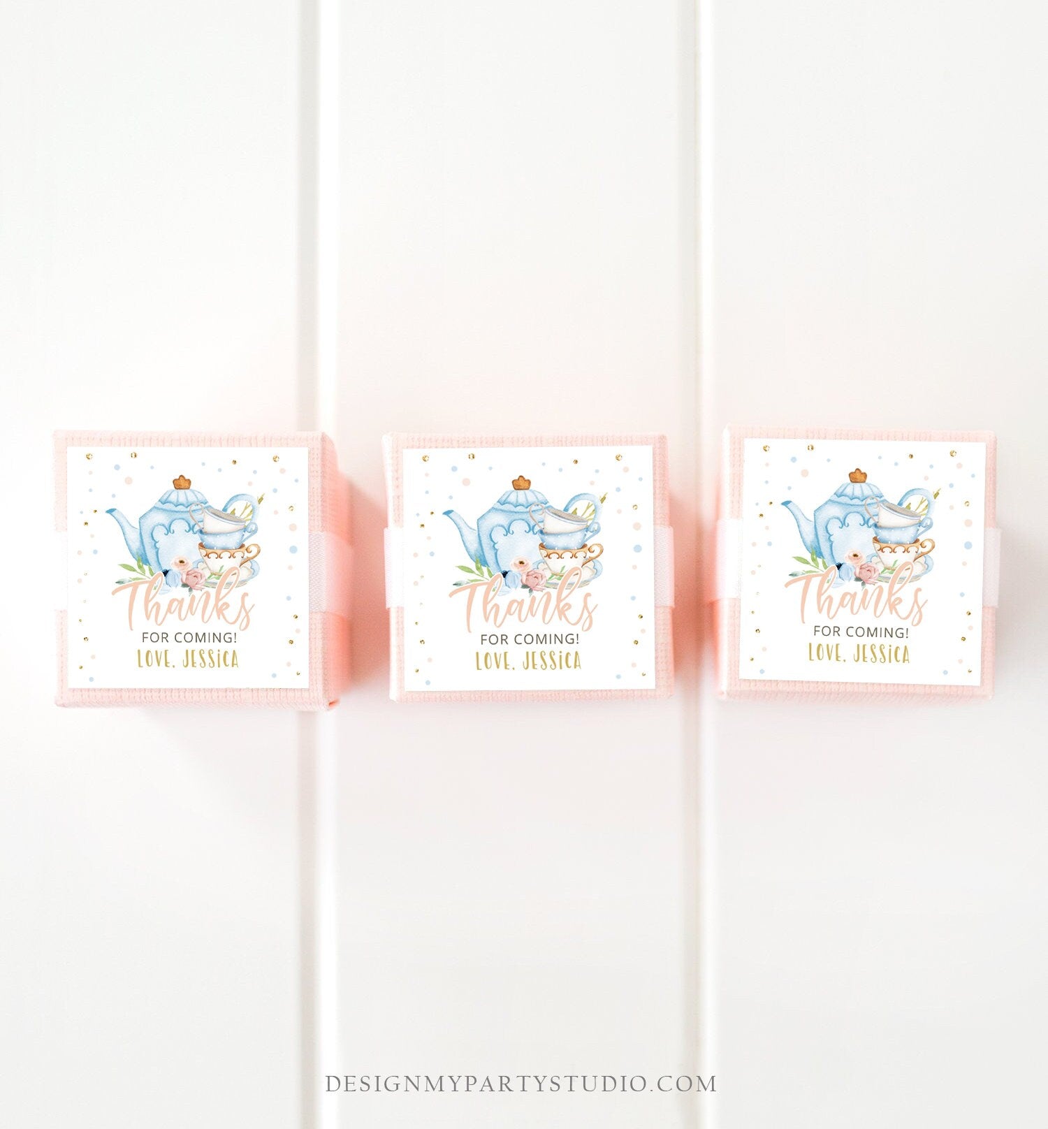 Editable Tea Party Favor Tag Sticker Baby Shower Baby is Brewing Floral Blue Whimsical Girl Square Round Digital Template Printable 0349