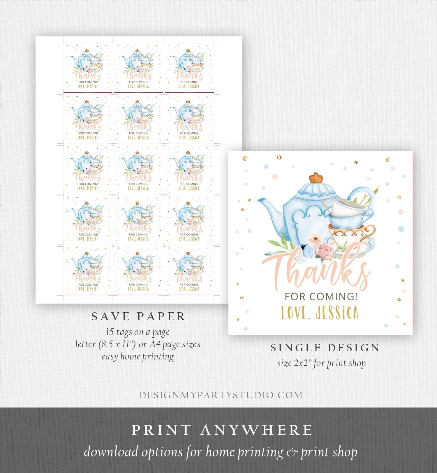 Editable Tea Party Favor Tag Sticker Baby Shower Baby is Brewing Floral Blue Whimsical Girl Square Round Digital Template Printable 0349