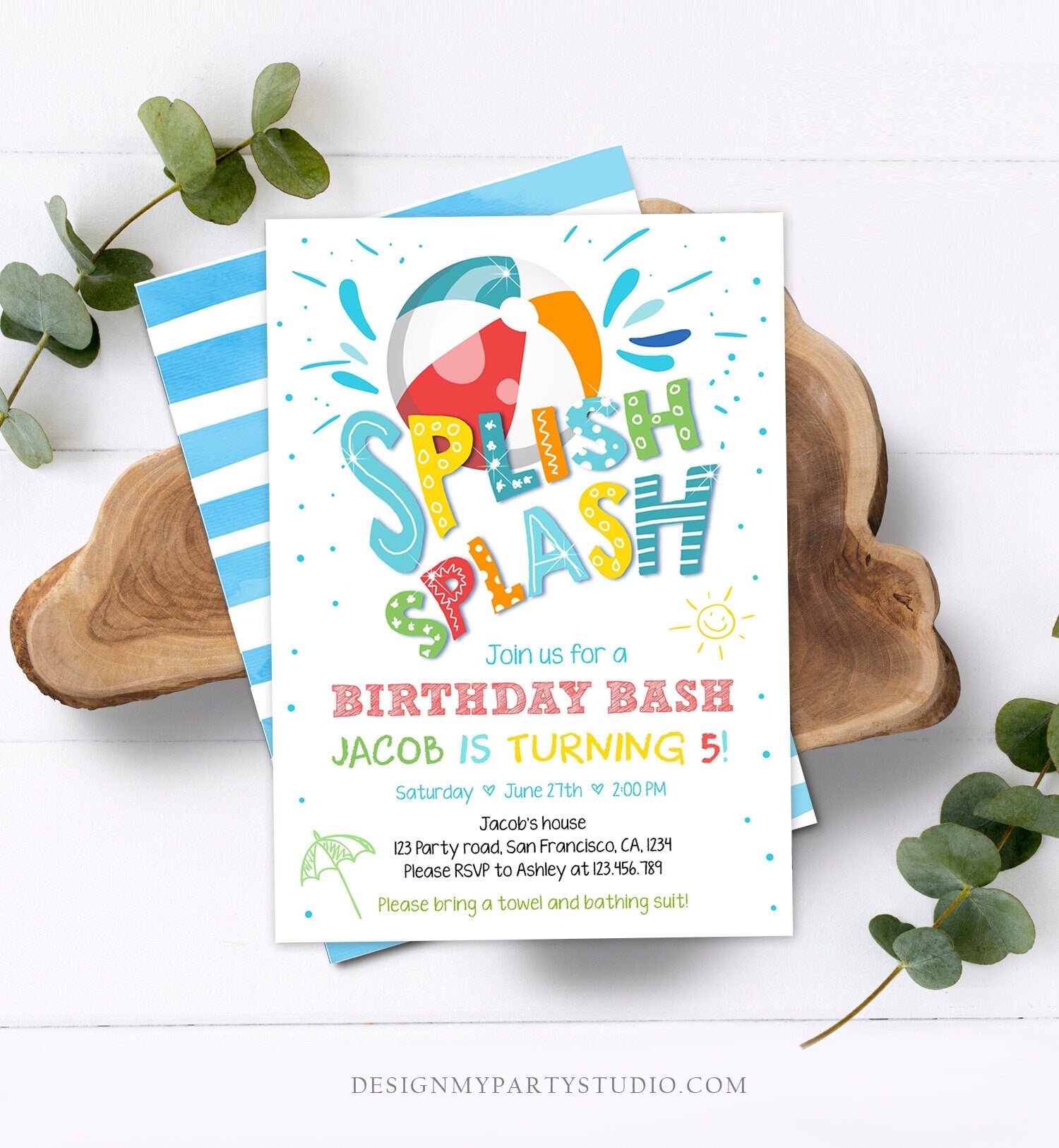 Editable Splish Splash Birthday Invitation Pool Party Boy Beach Ball Blue Green Birthday Bash Download Printable Invite Template Corjl 0169