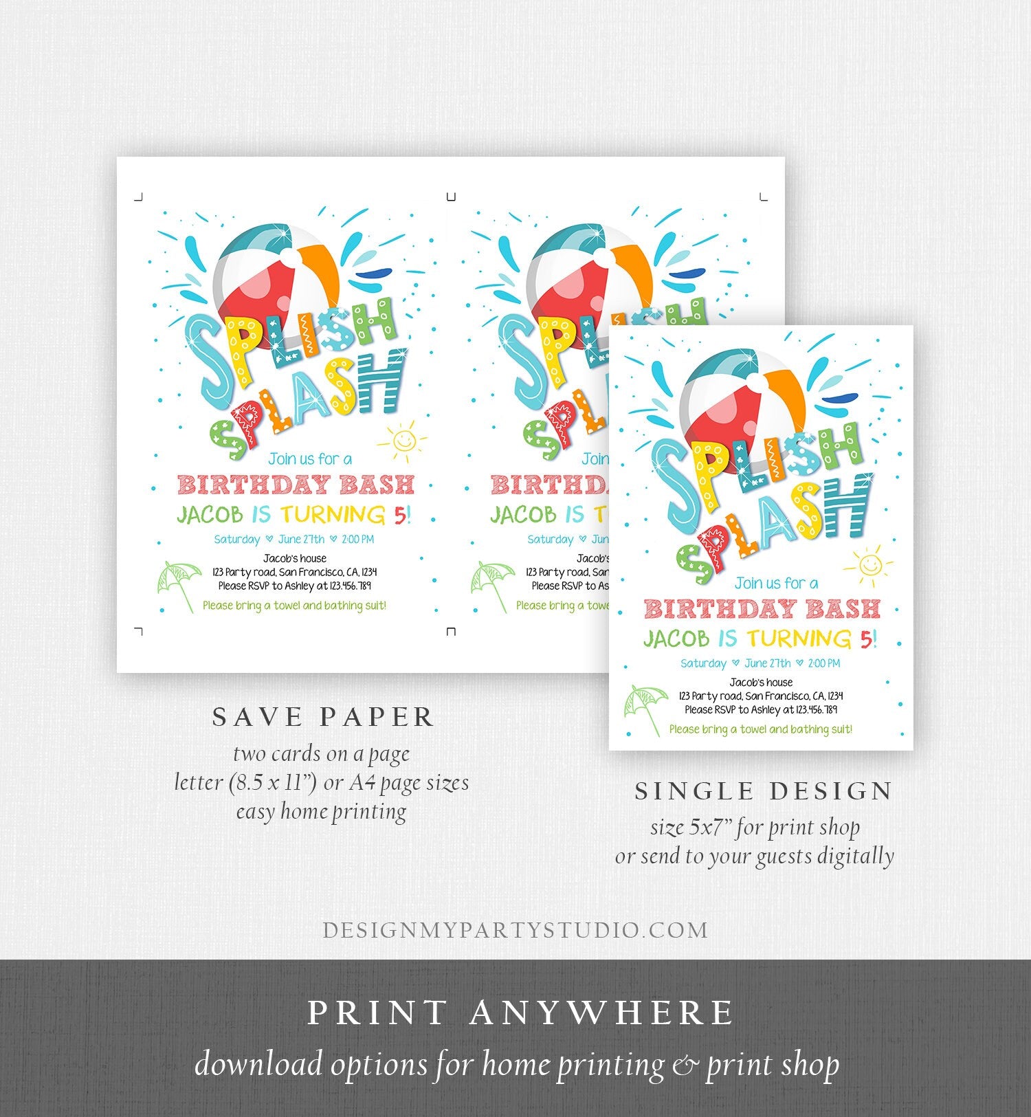 Editable Splish Splash Birthday Invitation Pool Party Boy Beach Ball Blue Green Birthday Bash Download Printable Invite Template Corjl 0169