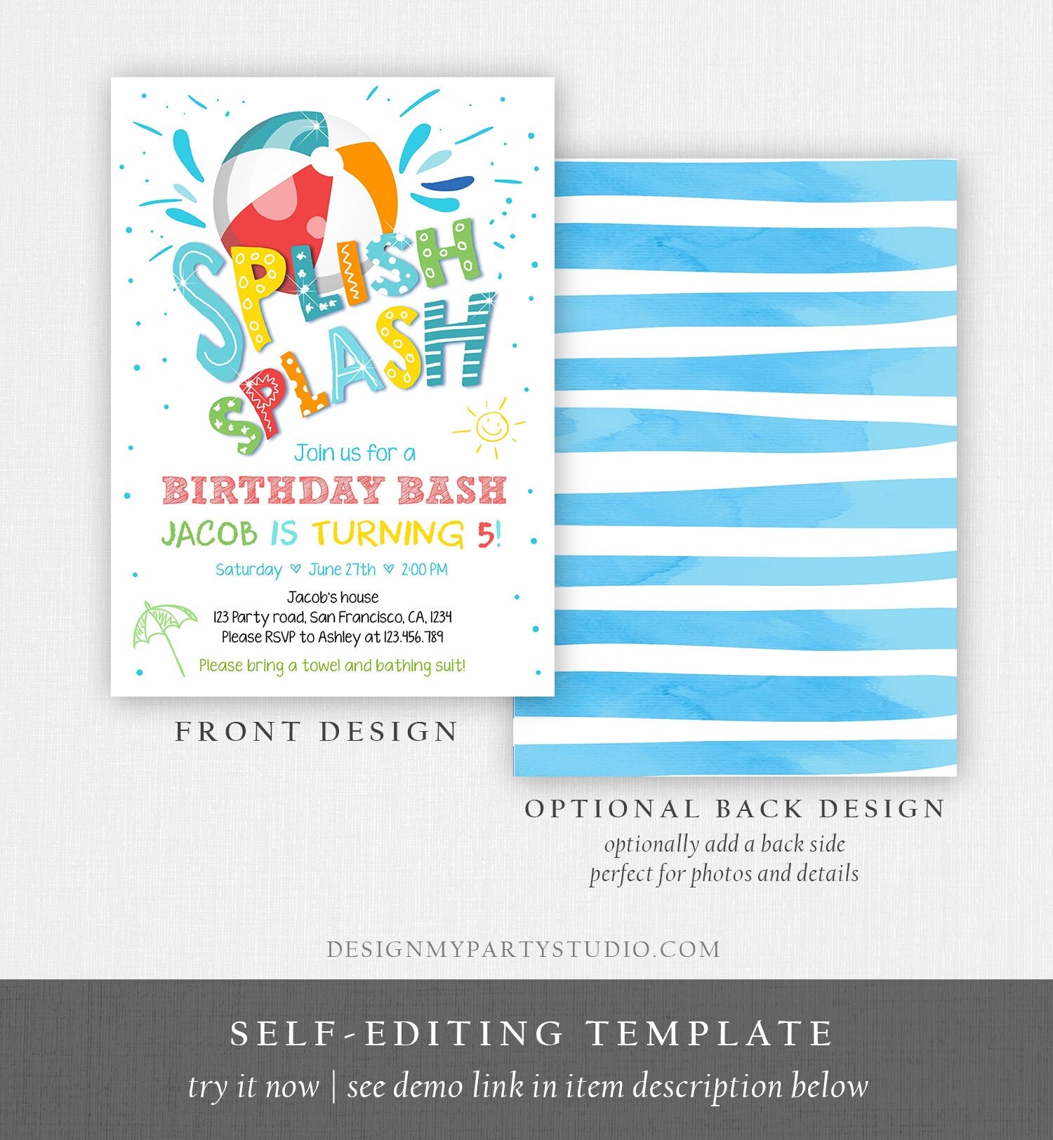 Editable Splish Splash Birthday Invitation Pool Party Boy Beach Ball Blue Green Birthday Bash Download Printable Invite Template Corjl 0169