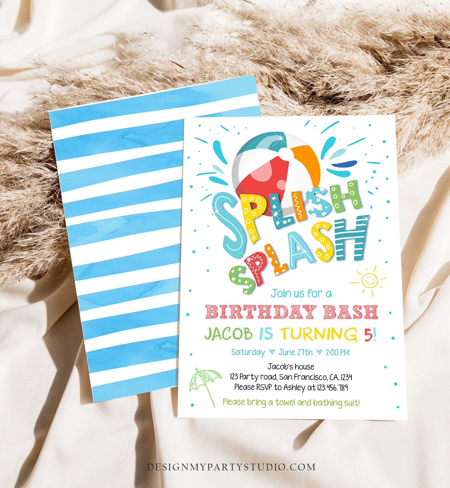 Editable Splish Splash Birthday Invitation Pool Party Boy Beach Ball Blue Green Birthday Bash Download Printable Invite Template Corjl 0169