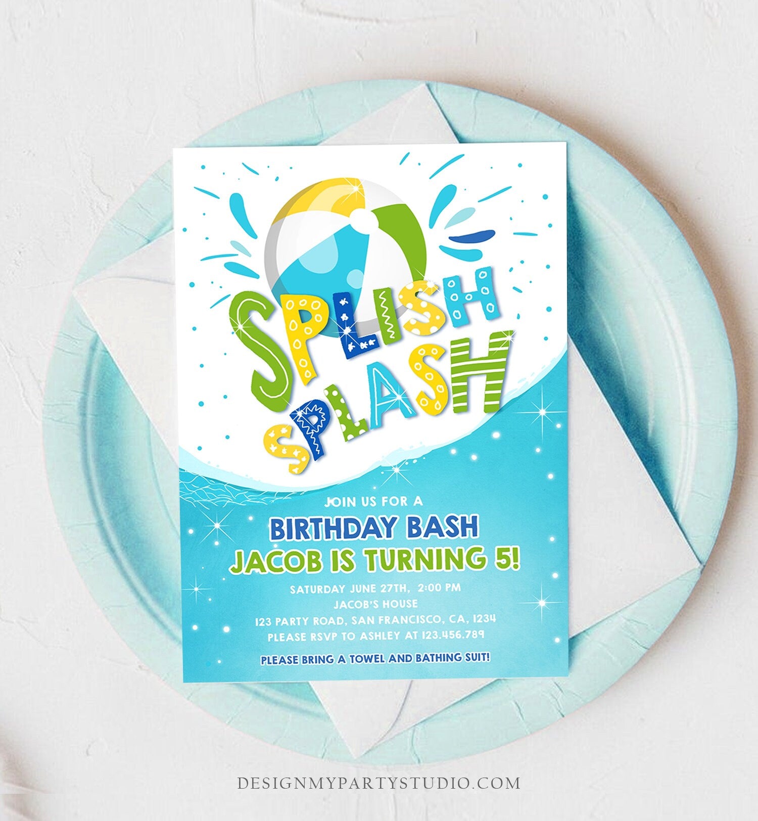 Editable Splish Splash Birthday Invitation Pool Party Boy Beach Ball Blue Green Birthday Bash Download Printable Invite Template Corjl 0169