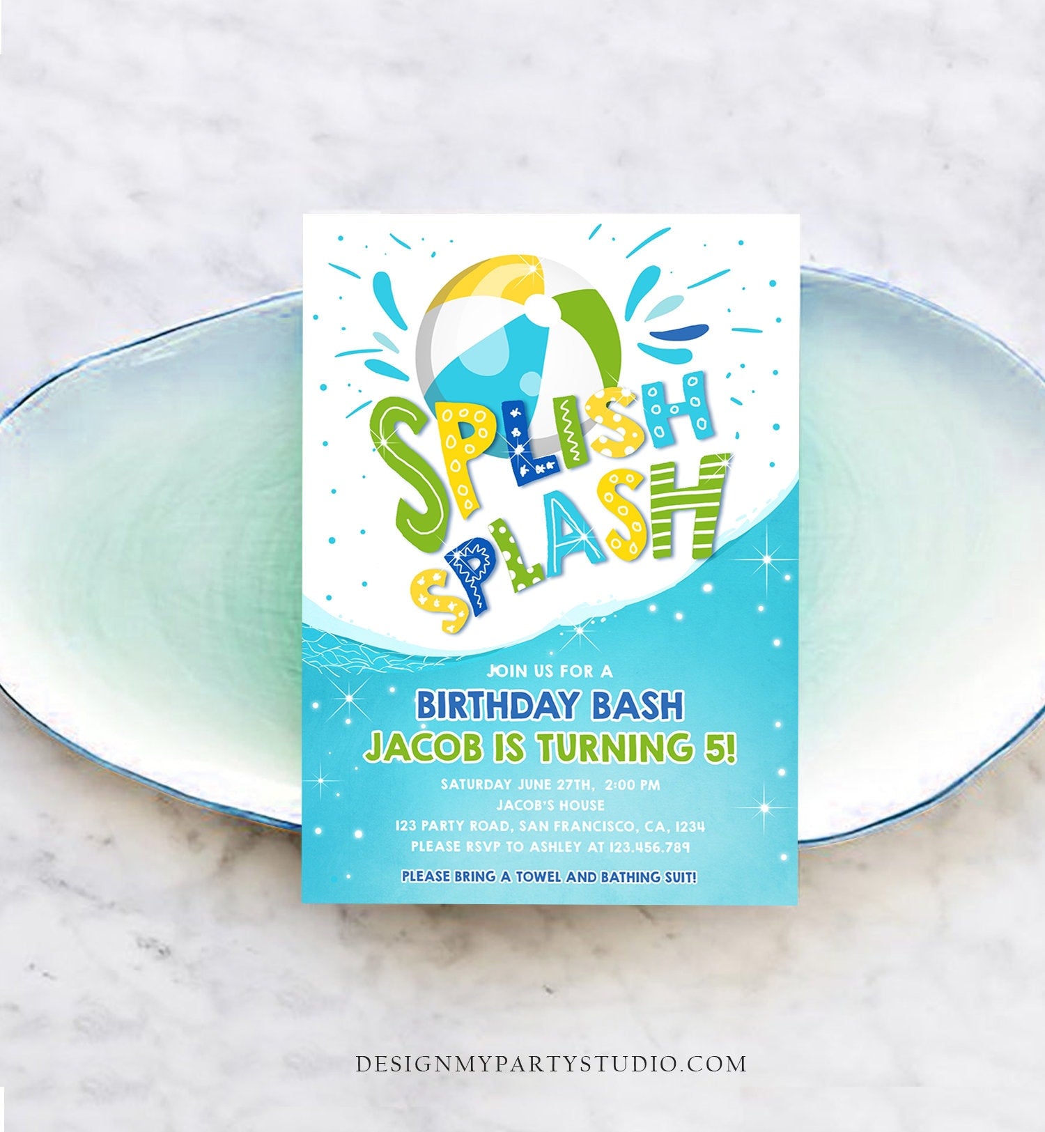 Editable Splish Splash Birthday Invitation Pool Party Boy Beach Ball Blue Green Birthday Bash Download Printable Invite Template Corjl 0169