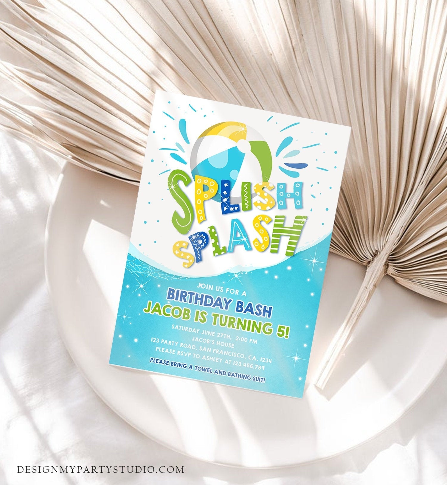 Editable Splish Splash Birthday Invitation Pool Party Boy Beach Ball Blue Green Birthday Bash Download Printable Invite Template Corjl 0169