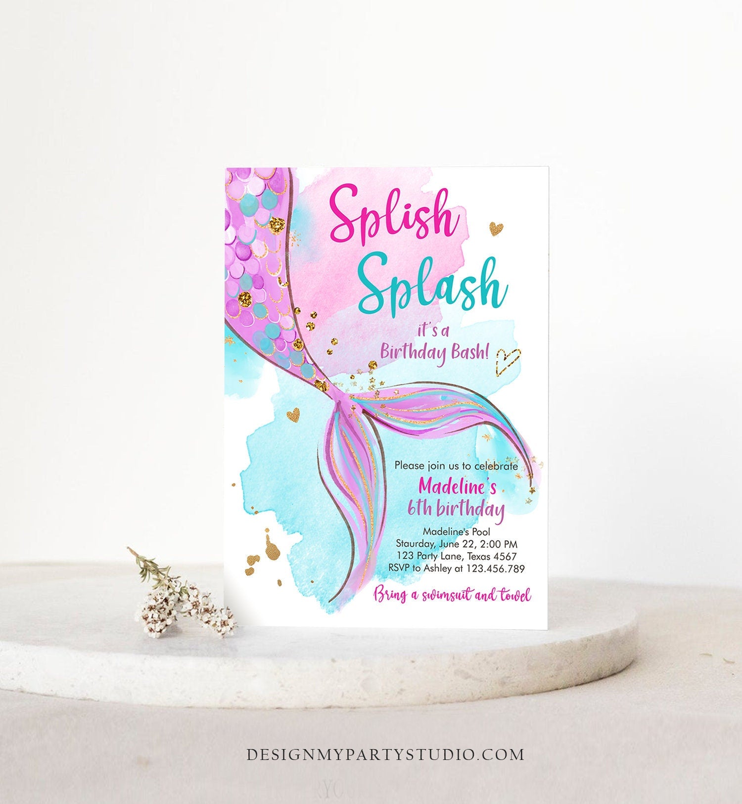 Editable Mermaid Birthday Party Invitation Girl Pool Party Pink Purple Mermaid Birthday Under The Sea Download Evite Template Printable 0403