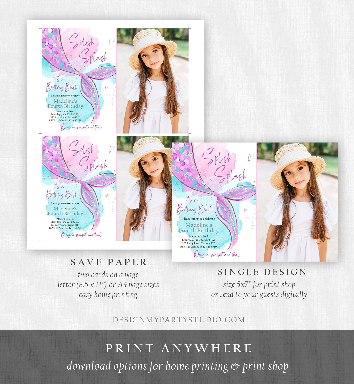 Editable Mermaid Birthday Party Invitation Girl Pink Purple Silver Mermaid Birthday Under The Sea Download Printable Template Corjl 0403