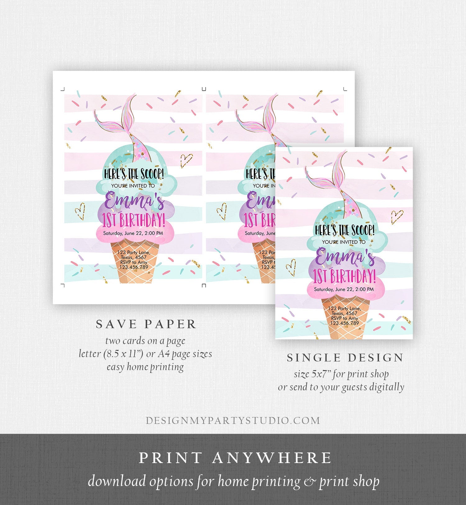 Editable Mermaid Ice Cream Birthday Invitation Under The Sea Here's the Scoop Cone Rainbow Ice Cream Party Printable Template Corjl 0243