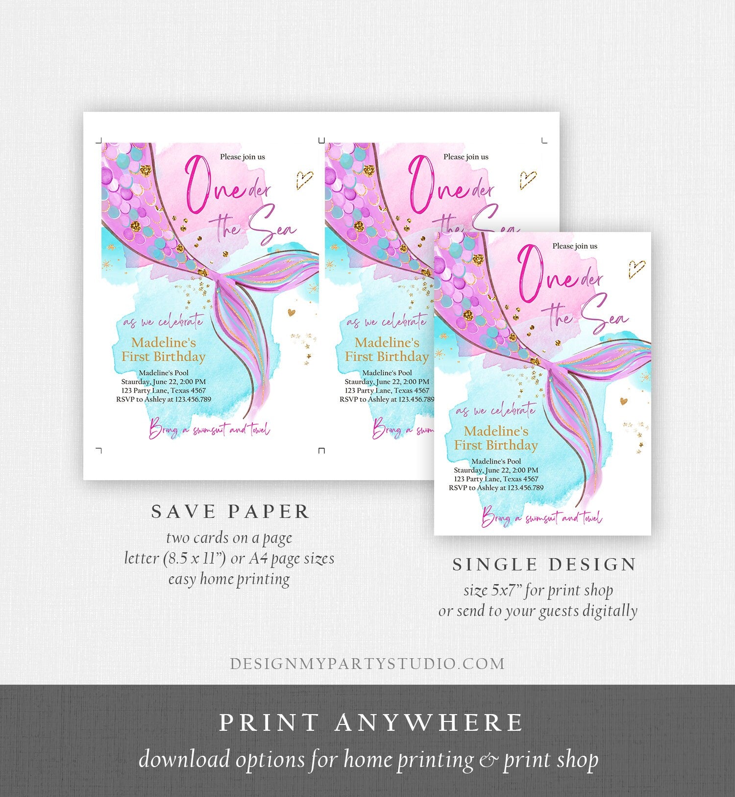 Editable ONEder the Sea Birthday Party Invitation Mermaid First Birthd -  Design My Party Studio