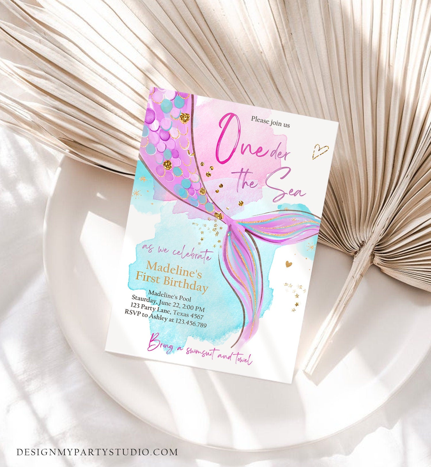 Editable ONEder the Sea Birthday Party Invitation Mermaid First Birthday Girl 1st Birthday Pink Gold Download Printable Template Corjl 0403