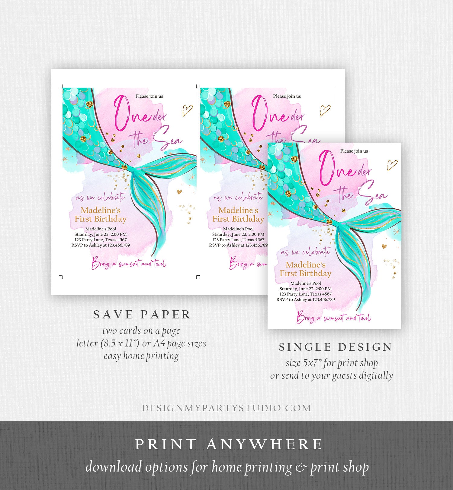 Editable ONEder the Sea Birthday Party Invitation Mermaid First Birthday Girl 1st Birthday Pink Gold Download Printable Template Corjl 0403