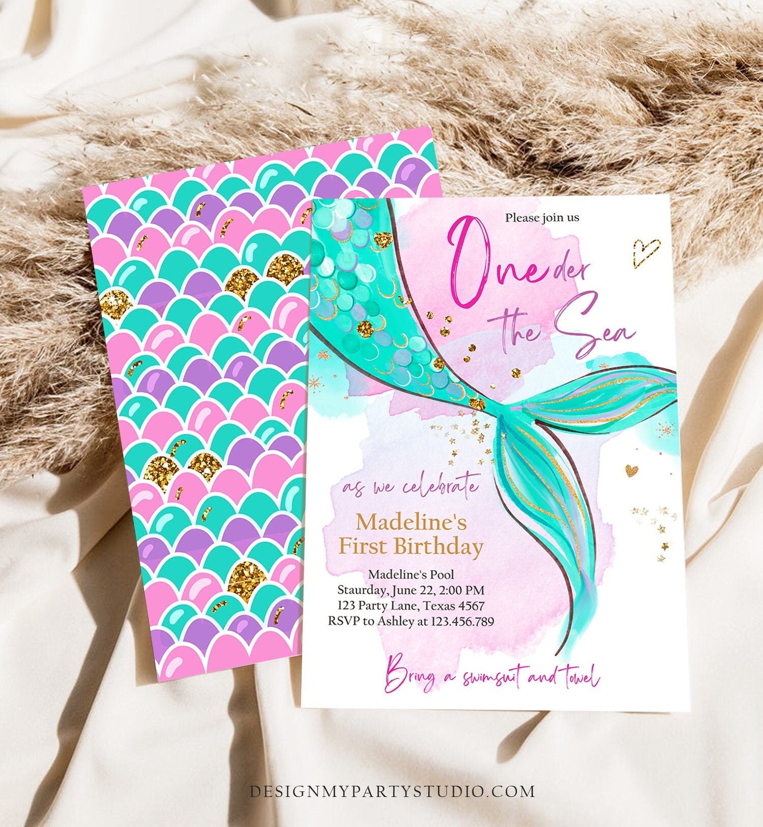 Editable ONEder the Sea Birthday Party Invitation Mermaid First Birthday Girl 1st Birthday Pink Gold Download Printable Template Corjl 0403