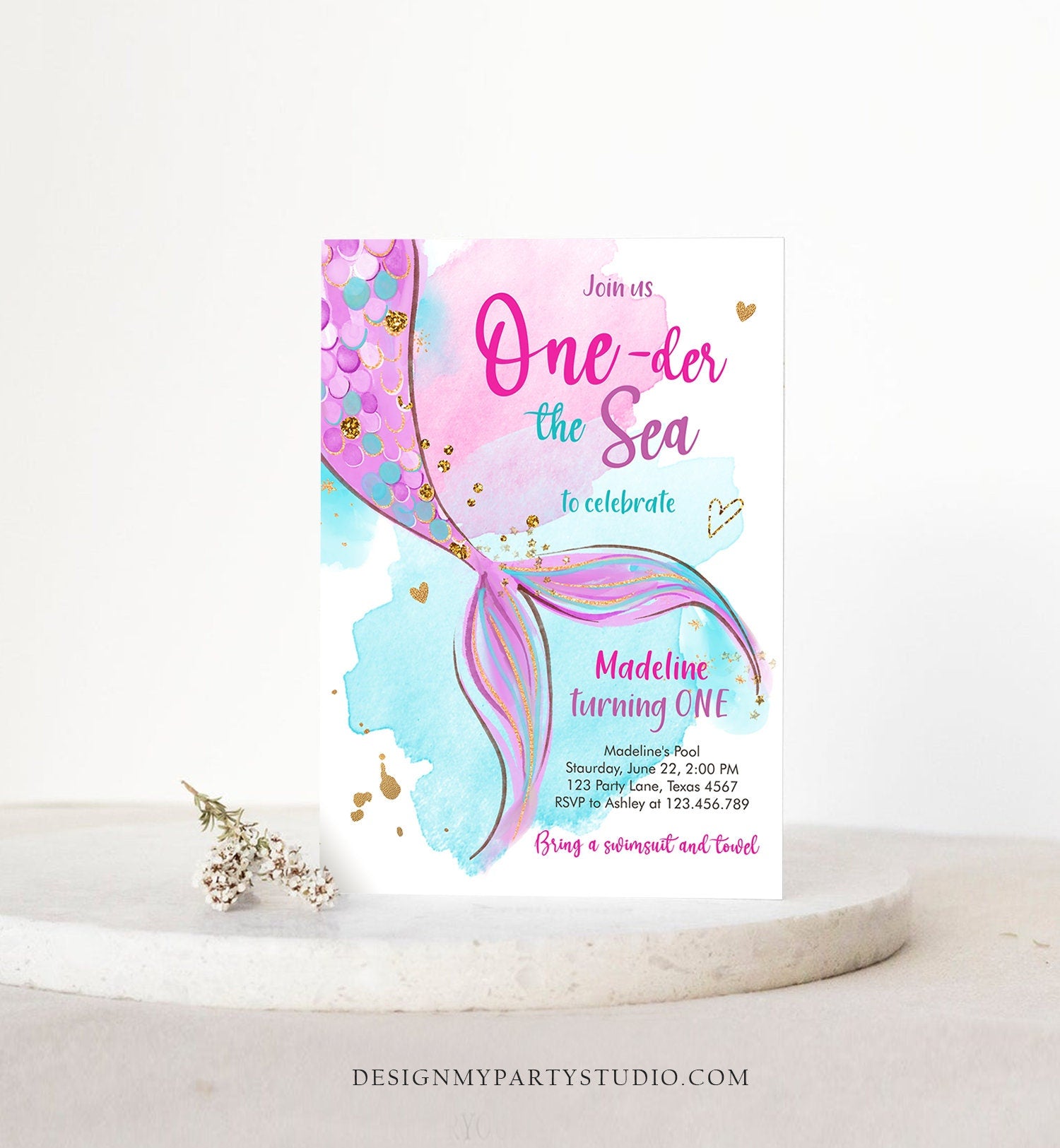 Editable ONEder the Sea Birthday Party Invitation Mermaid First Birthday Girl 1st Birthday Pink Gold Download Printable Template Corjl 0403