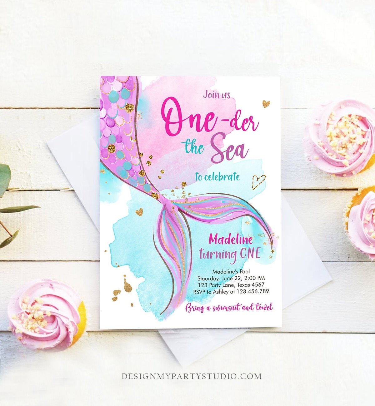 Editable ONEder the Sea Birthday Party Invitation Mermaid First Birthday Girl 1st Birthday Pink Gold Download Printable Template Corjl 0403