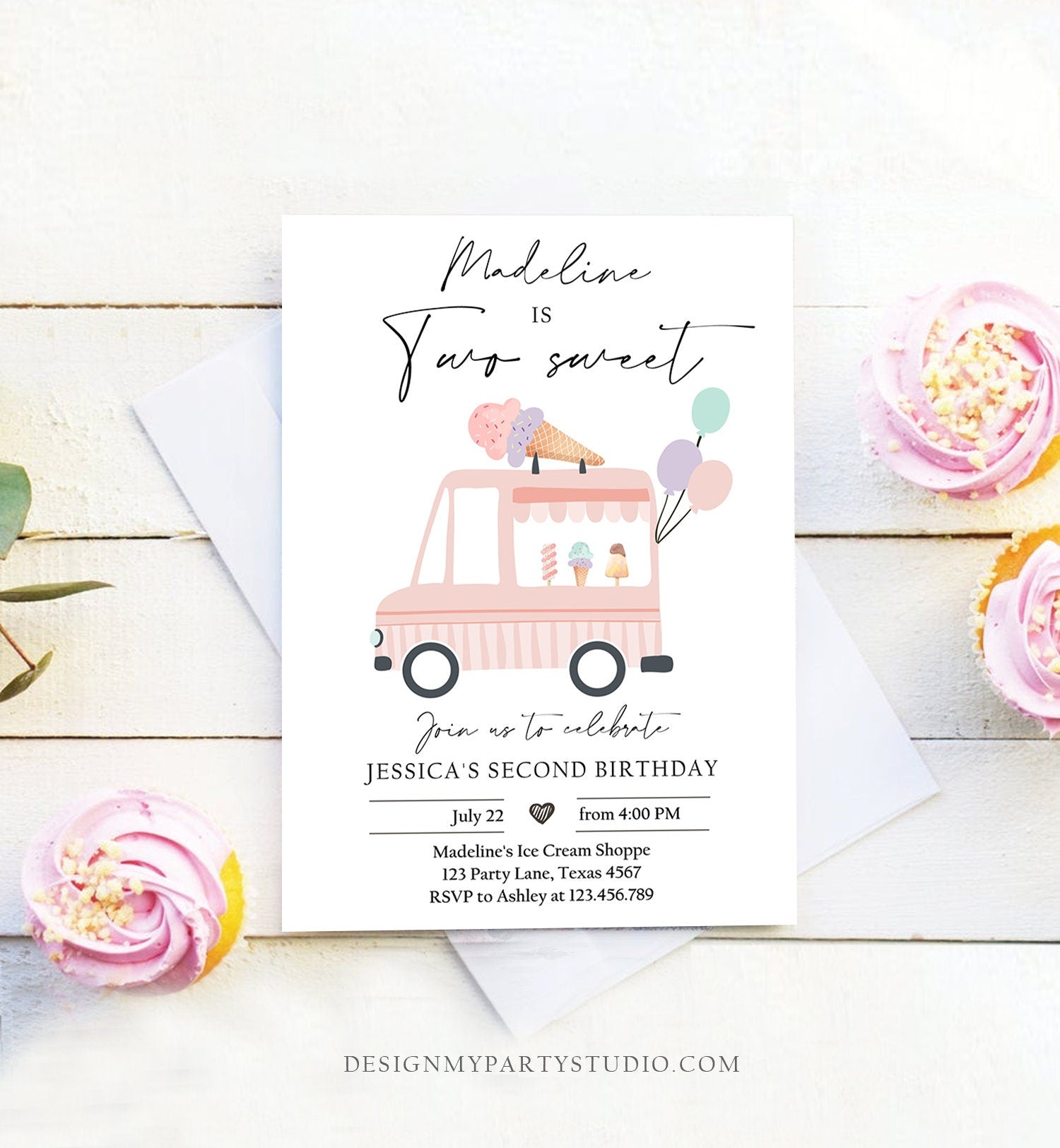 Editable Ice Cream Truck Birthday Invitation Ice Cream Two Sweet Modern 2nd Birthday Party Two Second Download Printable Template Corjl 0415