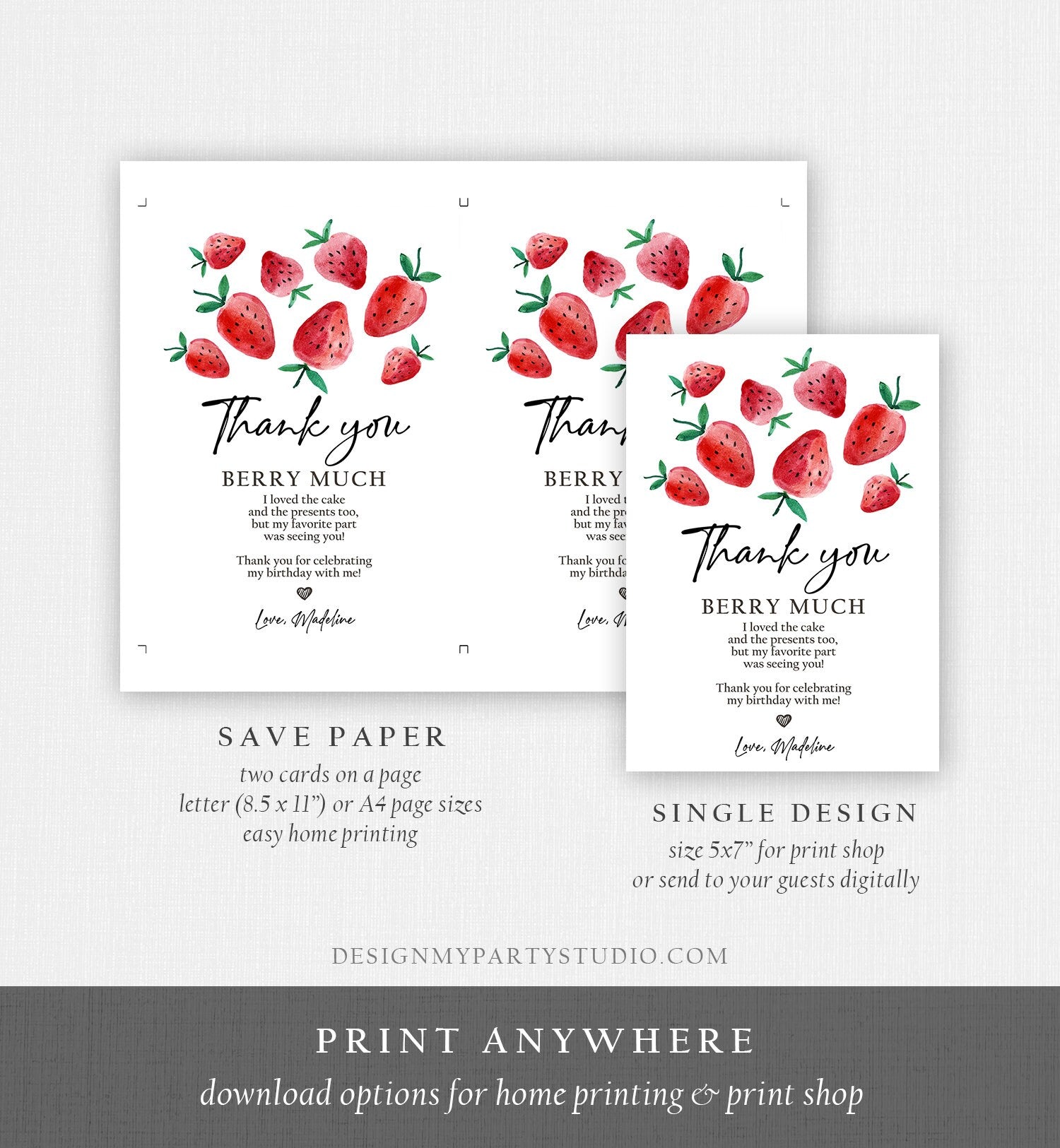 Editable Strawberry Thank You Card Strawberry Birthday First Berry Much Farmers Market Strawberries Download Printable Template Corjl 0399