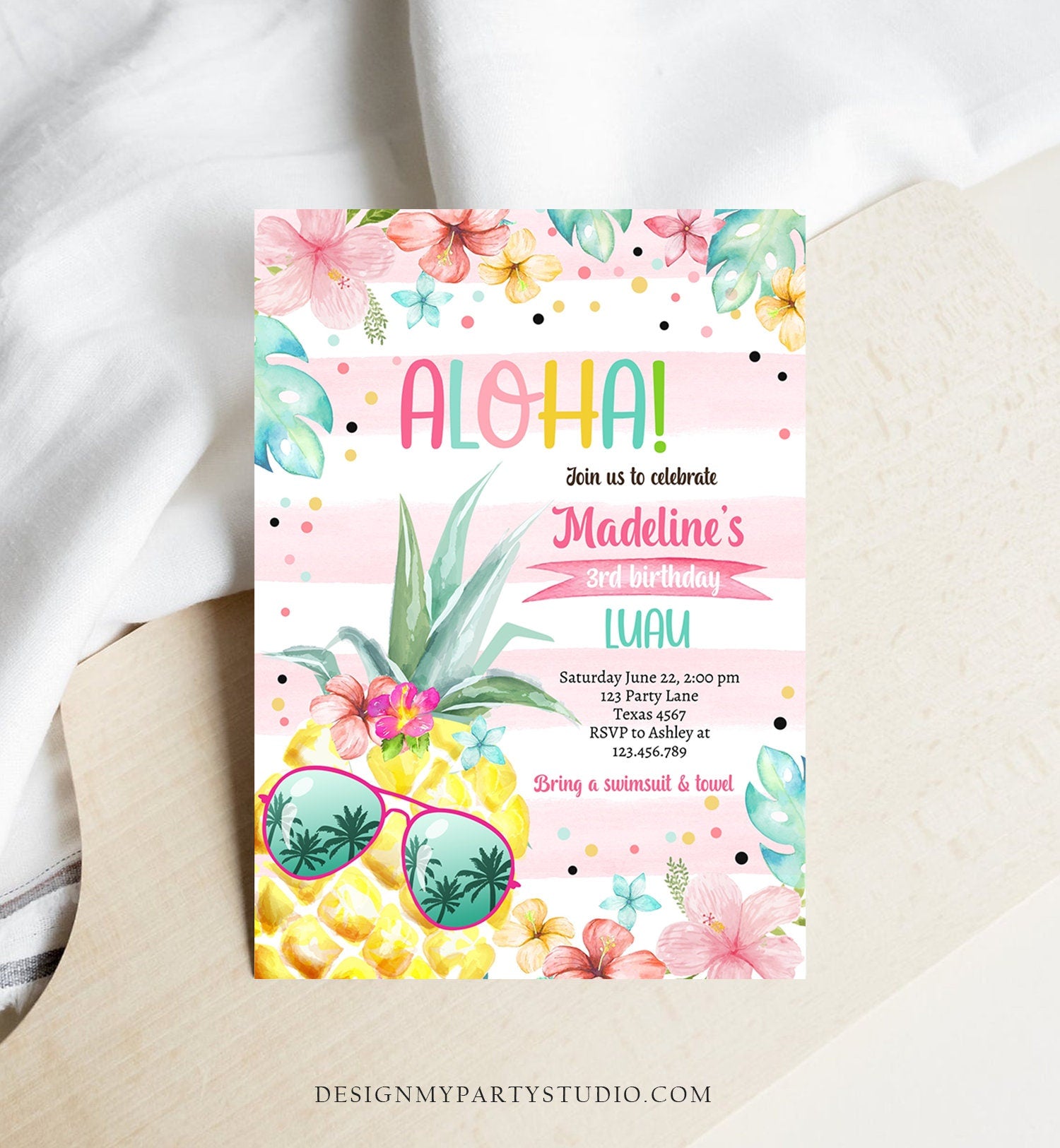 Editable Hawaiian Luau Birthday Invitation Pineapple Birthday Party Pool Party Pineapple Pink Girl Download Corjl Template Printable 0391