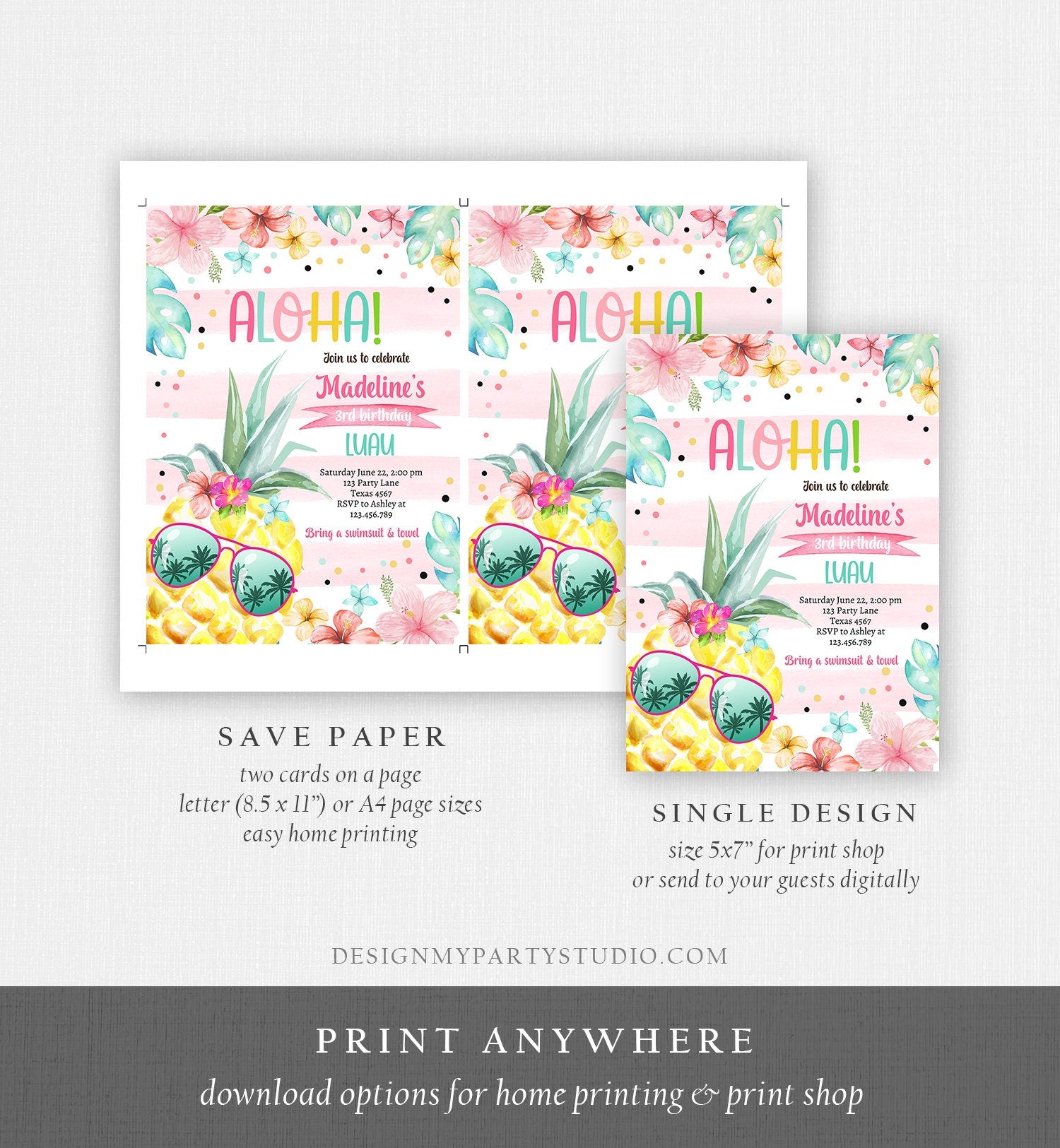 Editable Hawaiian Luau Birthday Invitation Pineapple Birthday Party Pool Party Pineapple Pink Girl Download Corjl Template Printable 0391