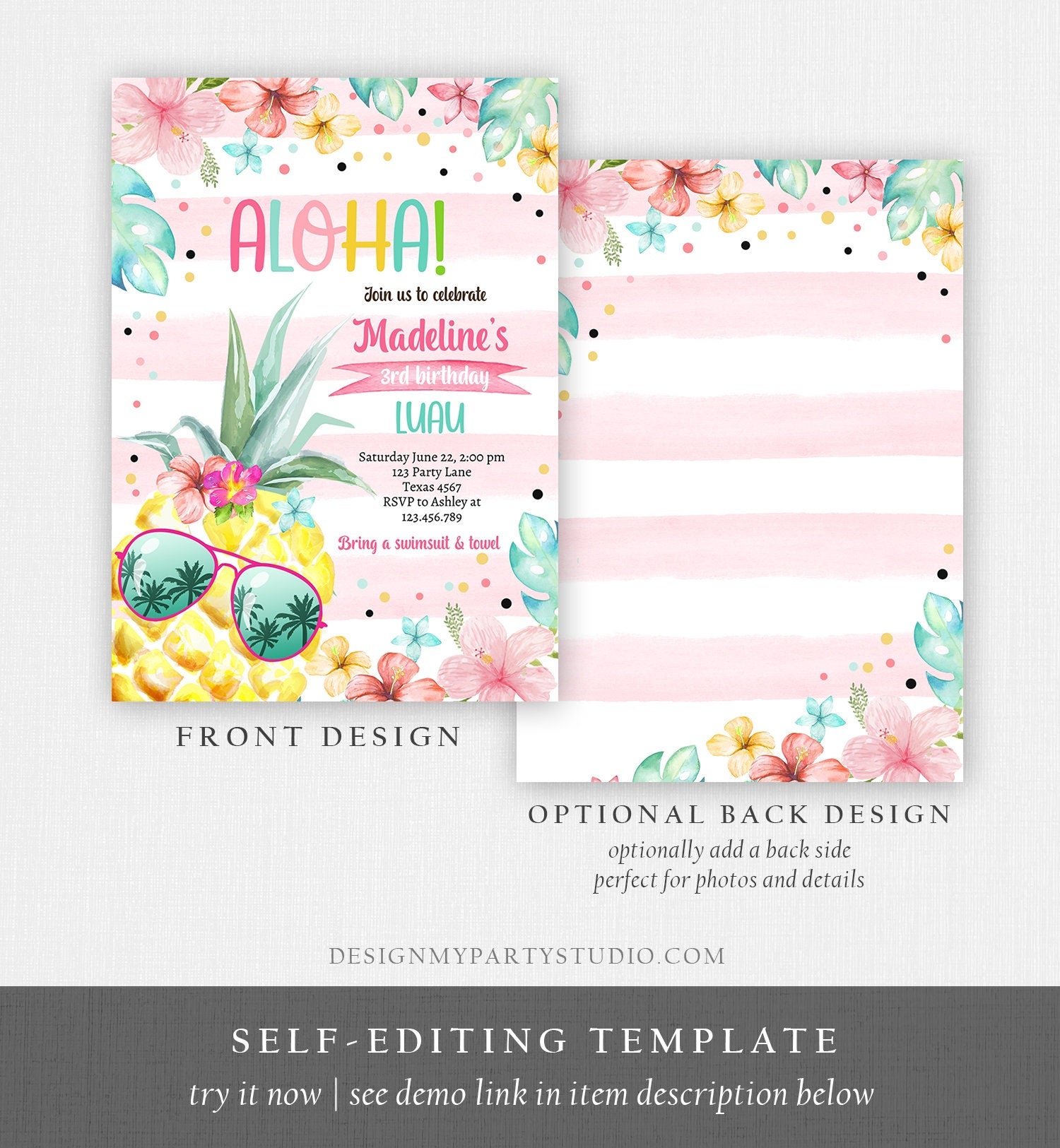 Editable Hawaiian Luau Birthday Invitation Pineapple Birthday Party Pool Party Pineapple Pink Girl Download Corjl Template Printable 0391