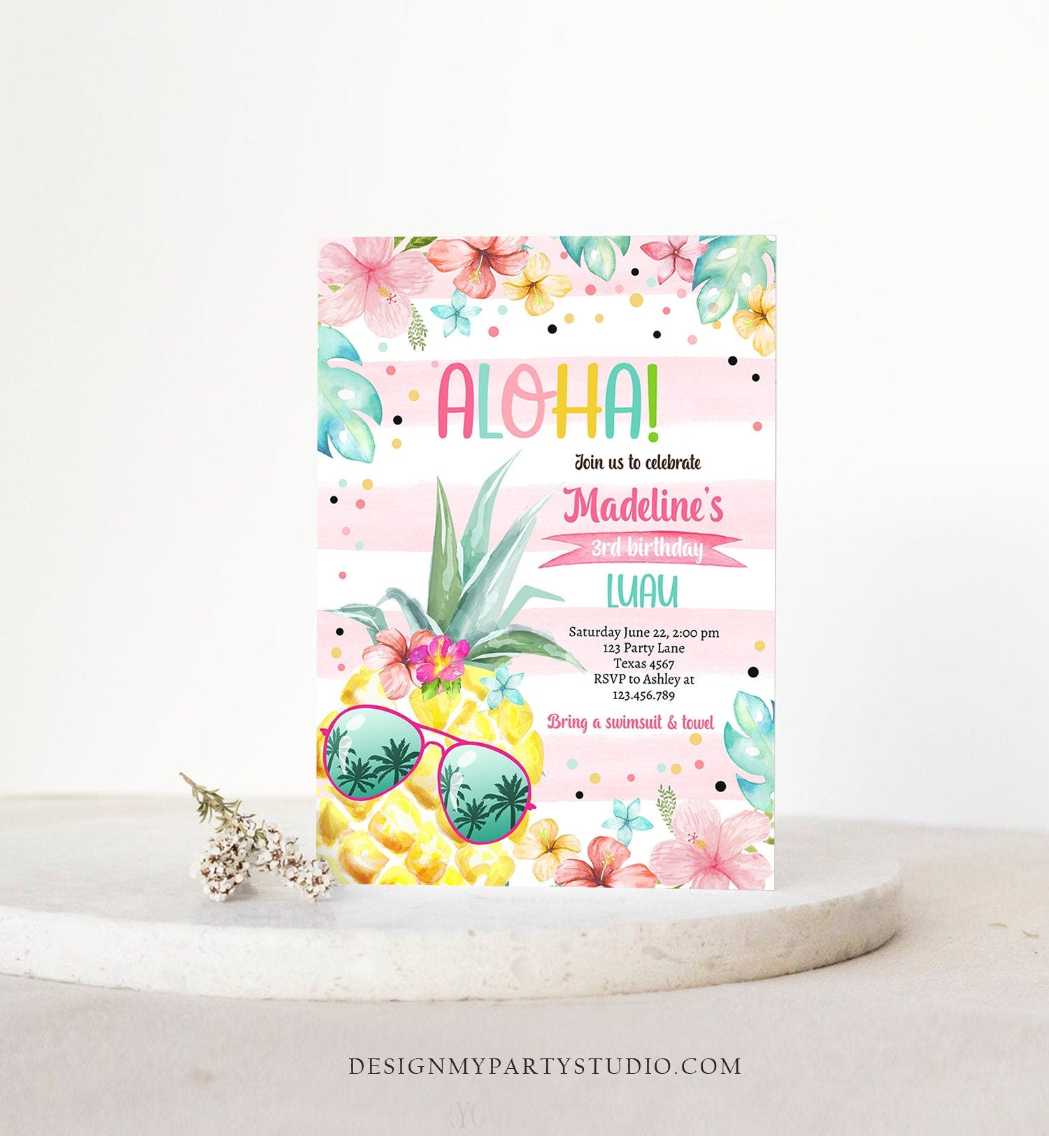 Editable Hawaiian Luau Birthday Invitation Pineapple Birthday Party Pool Party Pineapple Pink Girl Download Corjl Template Printable 0391