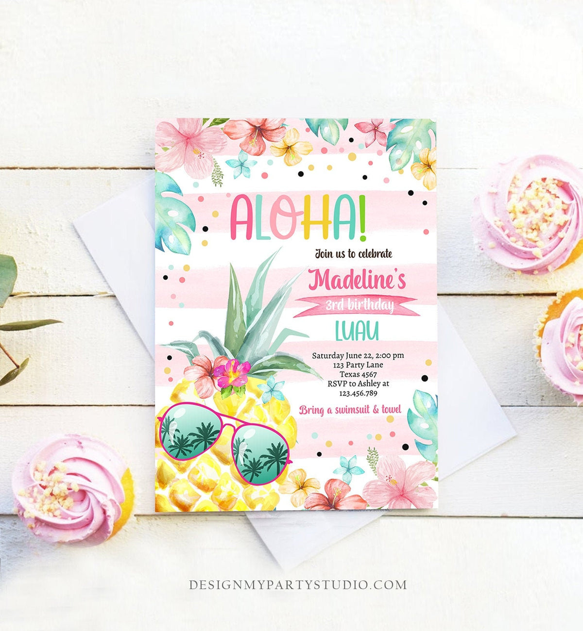 Editable Hawaiian Luau Birthday Invitation Pineapple Birthday Party Pool Party Pineapple Pink Girl Download Corjl Template Printable 0391