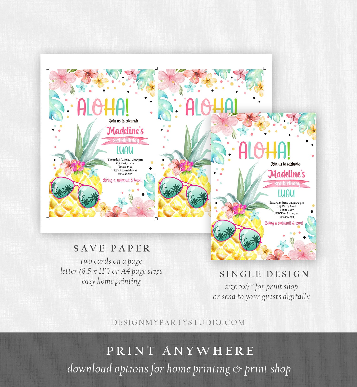 Editable Hawaiian Luau Birthday Invitation Pineapple Birthday Party Pool Party Pineapple Pink Girl Download Corjl Template Printable 0391