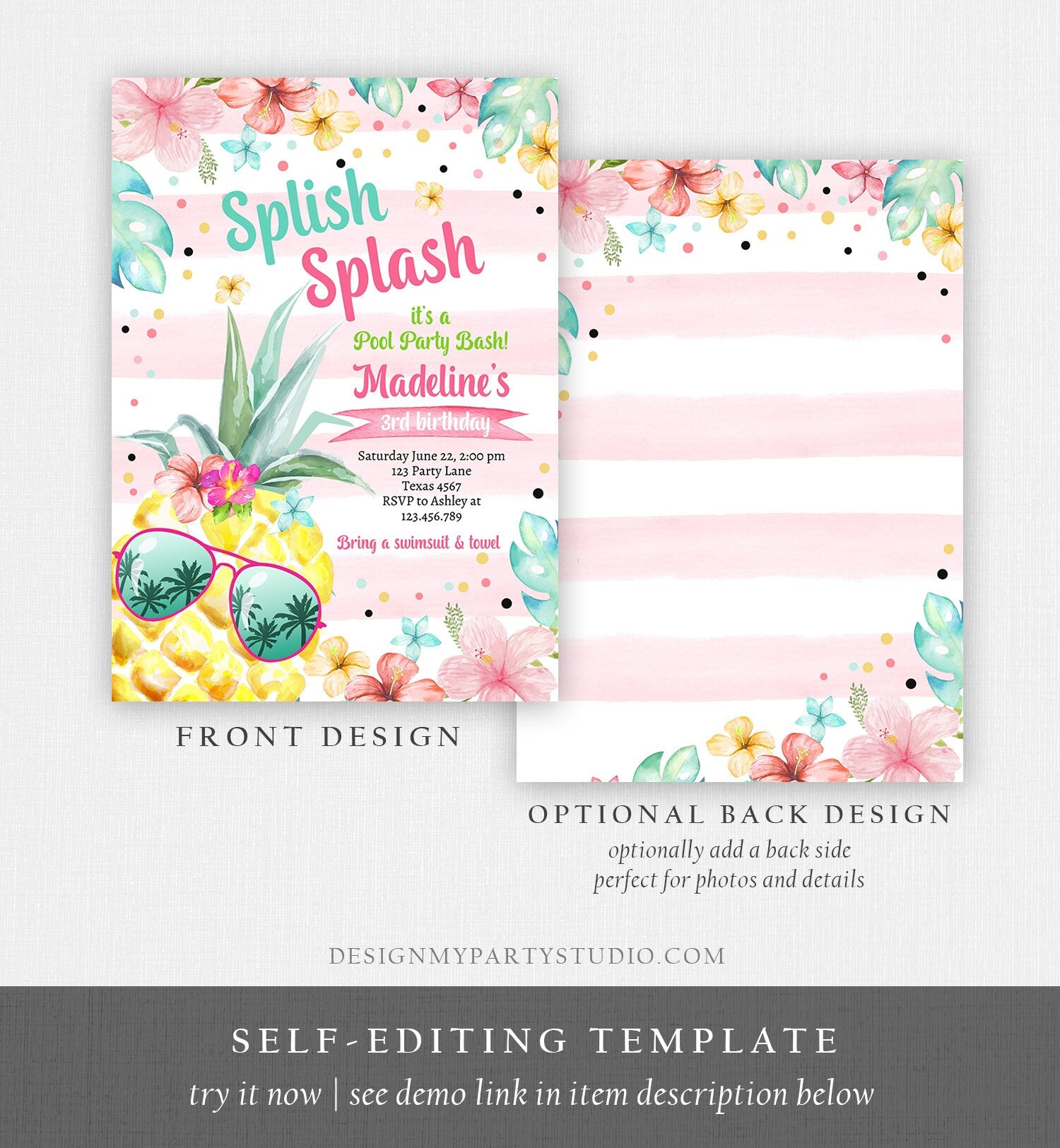 Editable Splish Splash Birthday Party Invitation Pineapple Birthday Pool Party Pineapple Pink Girl Download Corjl Template Printable 0391