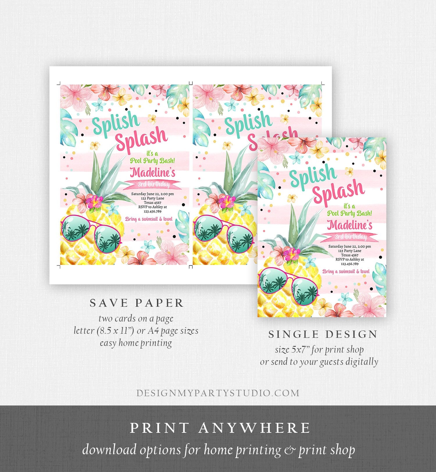 Editable Splish Splash Birthday Party Invitation Pineapple Birthday Pool Party Pineapple Pink Girl Download Corjl Template Printable 0391