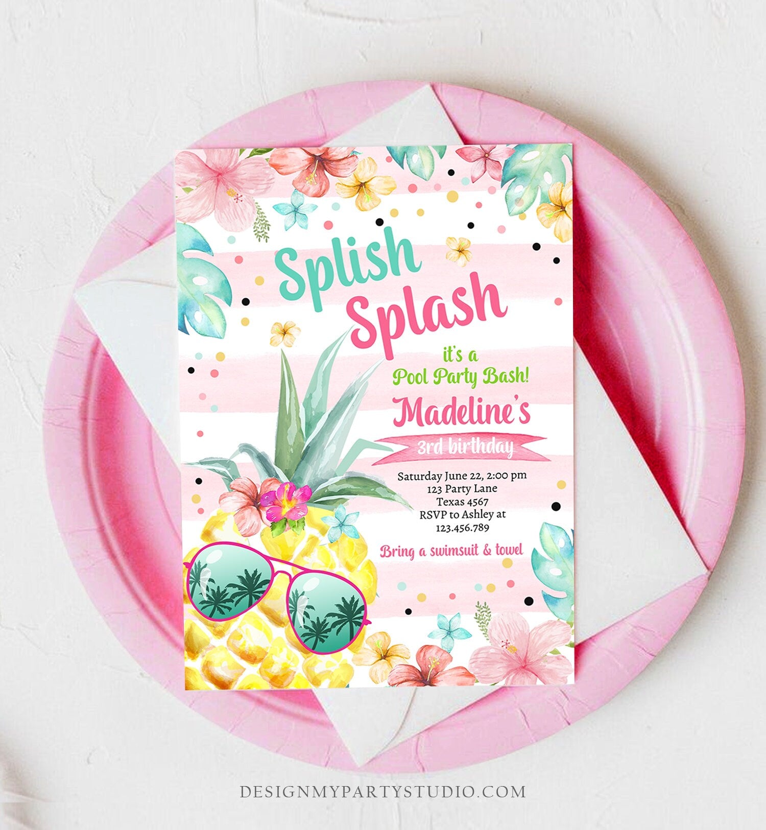 Editable Splish Splash Birthday Party Invitation Pineapple Birthday Pool Party Pineapple Pink Girl Download Corjl Template Printable 0391