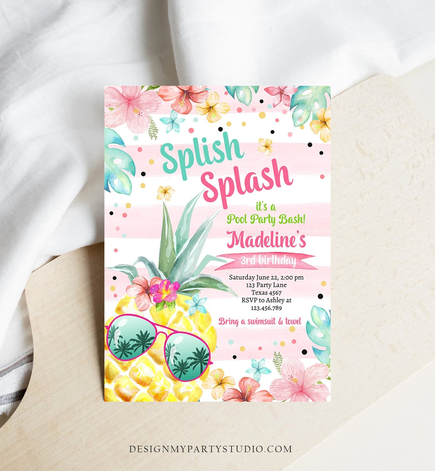 Editable Splish Splash Birthday Party Invitation Pineapple Birthday Pool Party Pineapple Pink Girl Download Corjl Template Printable 0391