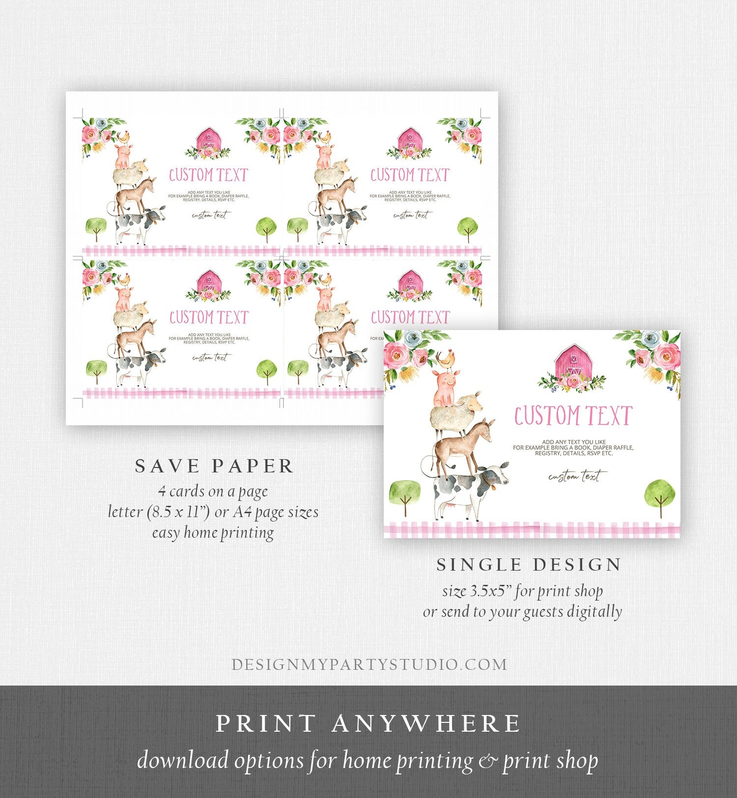 Editable Note Card Farm Birthday Girl Farm Animals Insert Card Barnyard Baby Shower Enclosure Card Digital Download Template Printable 0155