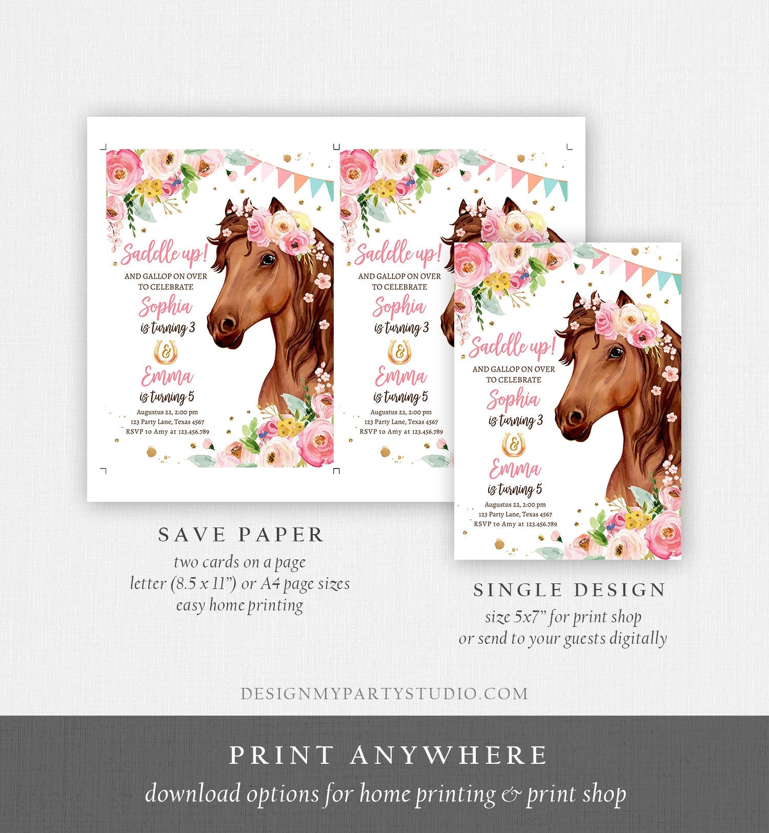 Editable Horse Birthday Invitation Girl Saddle Up Watercolor Cowgirl Party Horse Joint Siblings Pink Floral Printable Template Corjl 0408