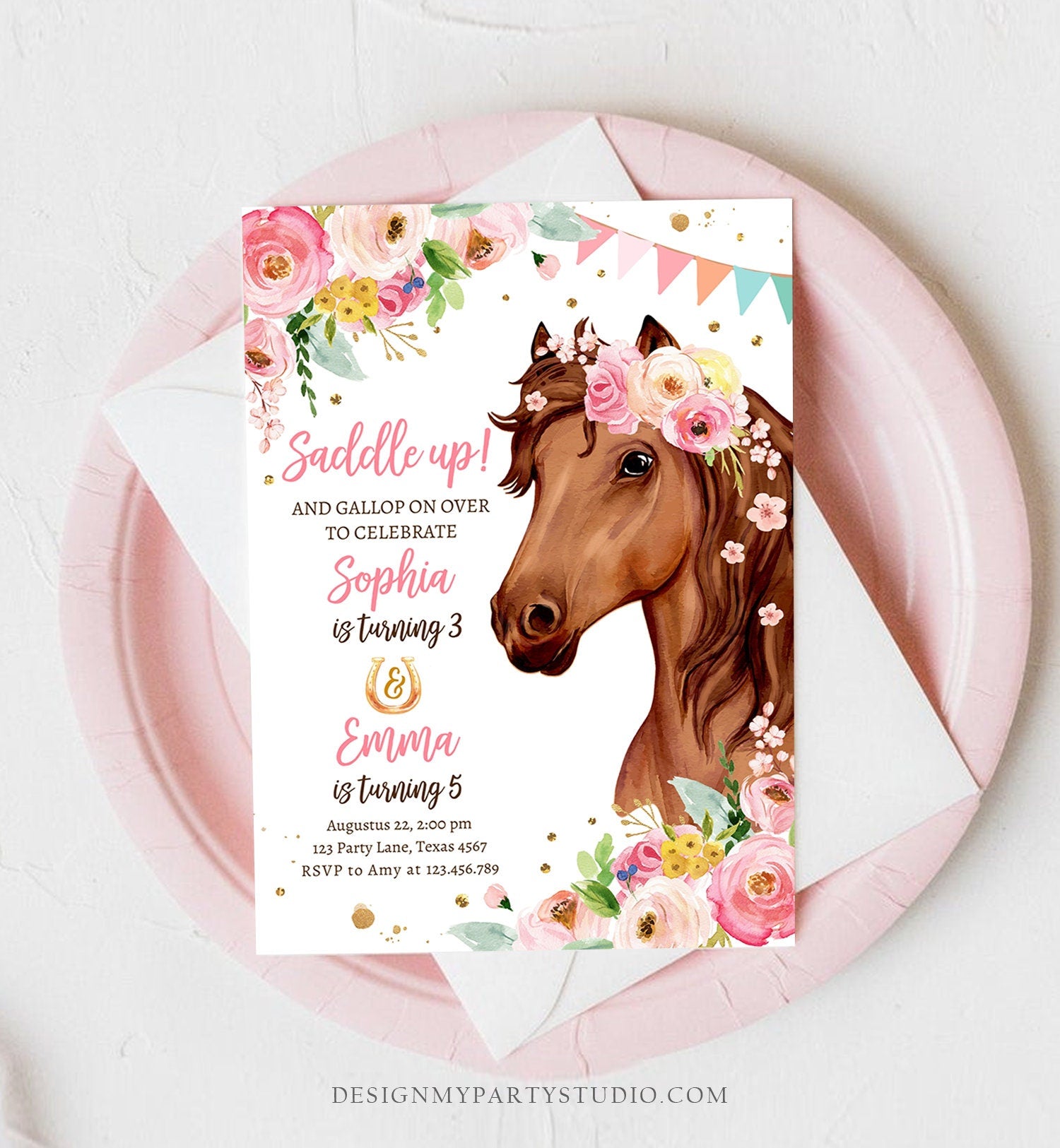 Editable Horse Birthday Invitation Girl Saddle Up Watercolor Cowgirl Party Horse Joint Siblings Pink Floral Printable Template Corjl 0408