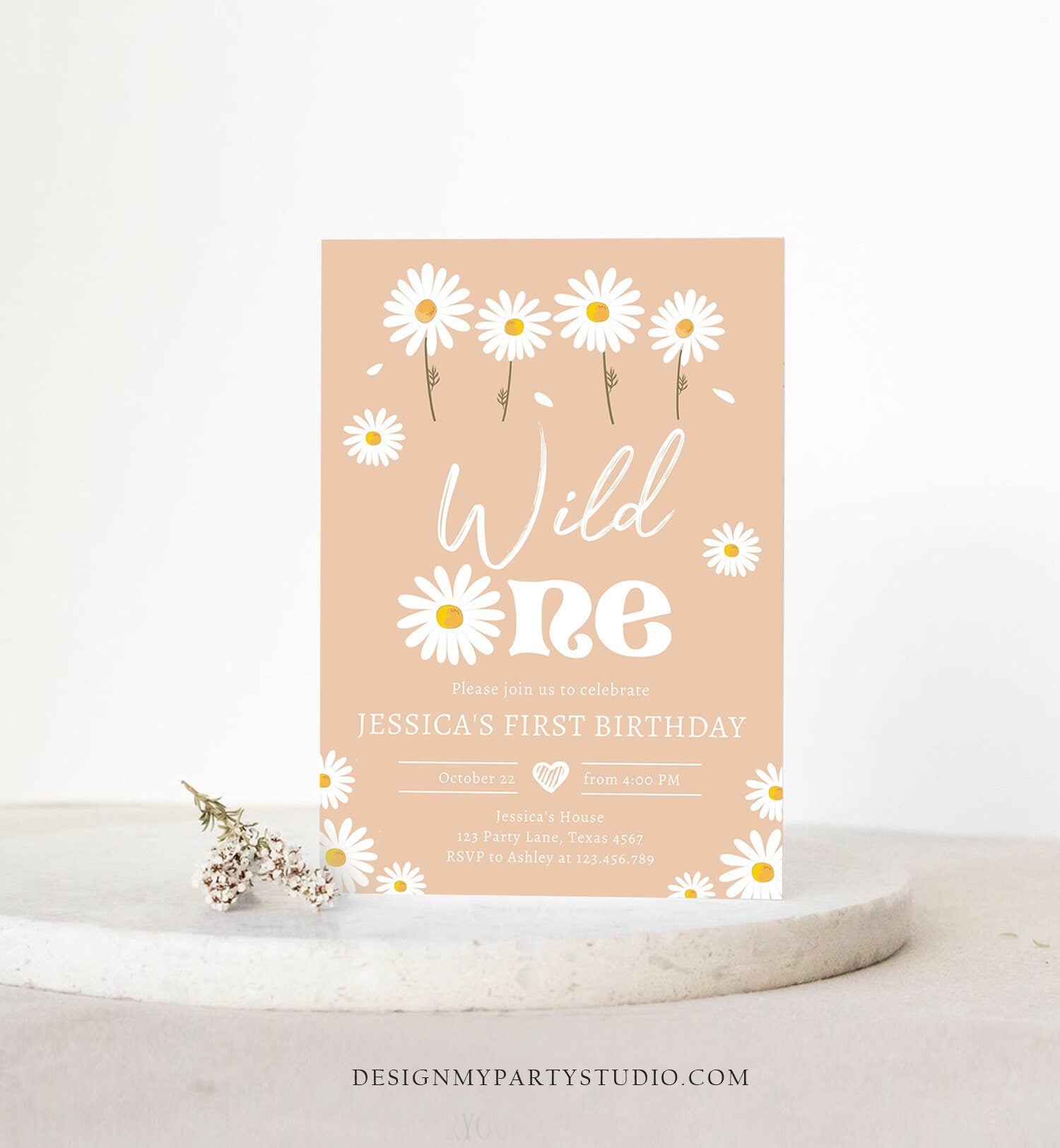 Editable Daisy Birthday Party Invitation Wild One Floral Girl Boho Sand First Birthday 1st Digital Download Template Corjl Printable 0410