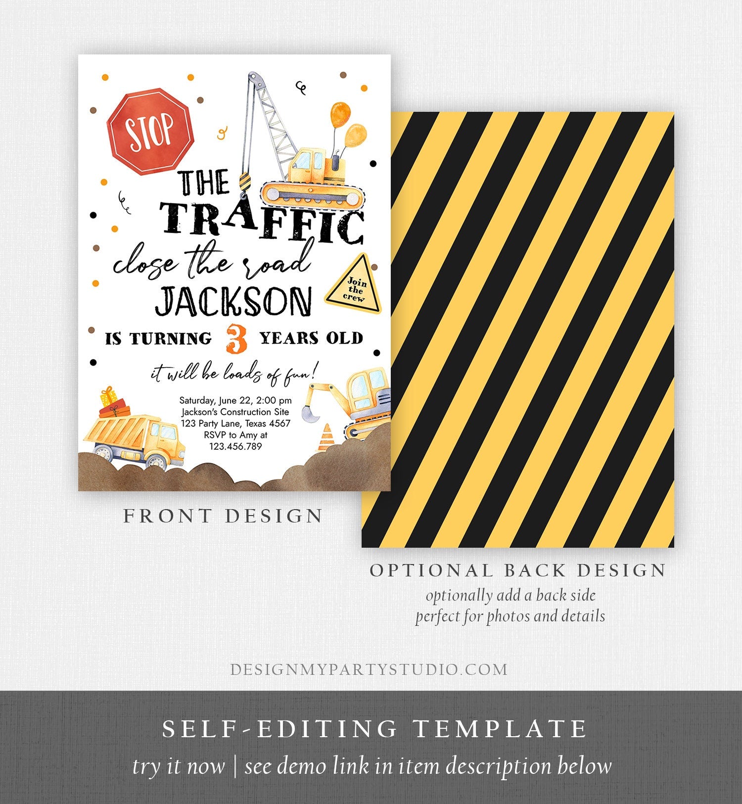 Editable Construction Birthday Invitation Yellow Dump Truck Invite Caution Party Boy Evite Digital Download Template Printable 0374